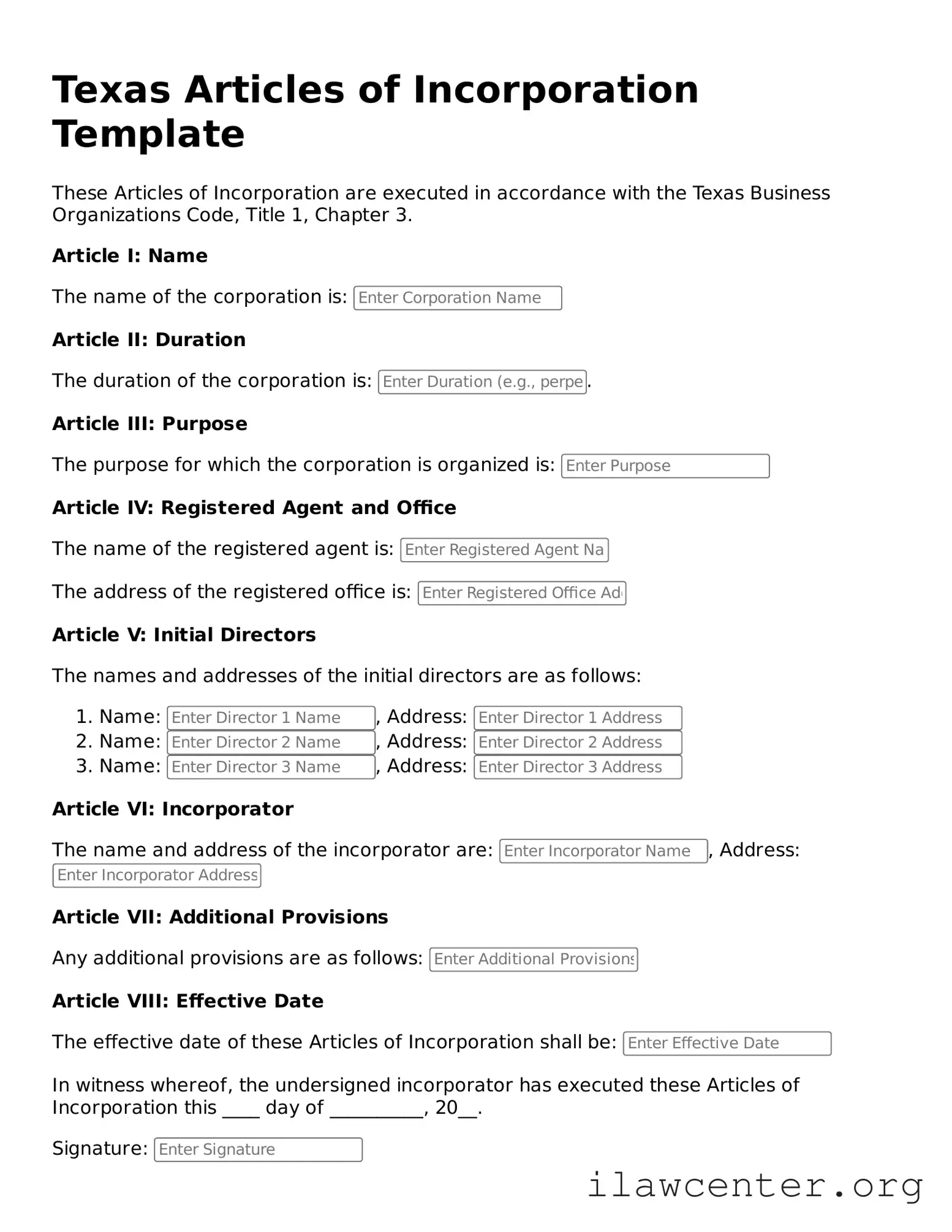 Attorney-Verified  Articles of Incorporation Document for Texas