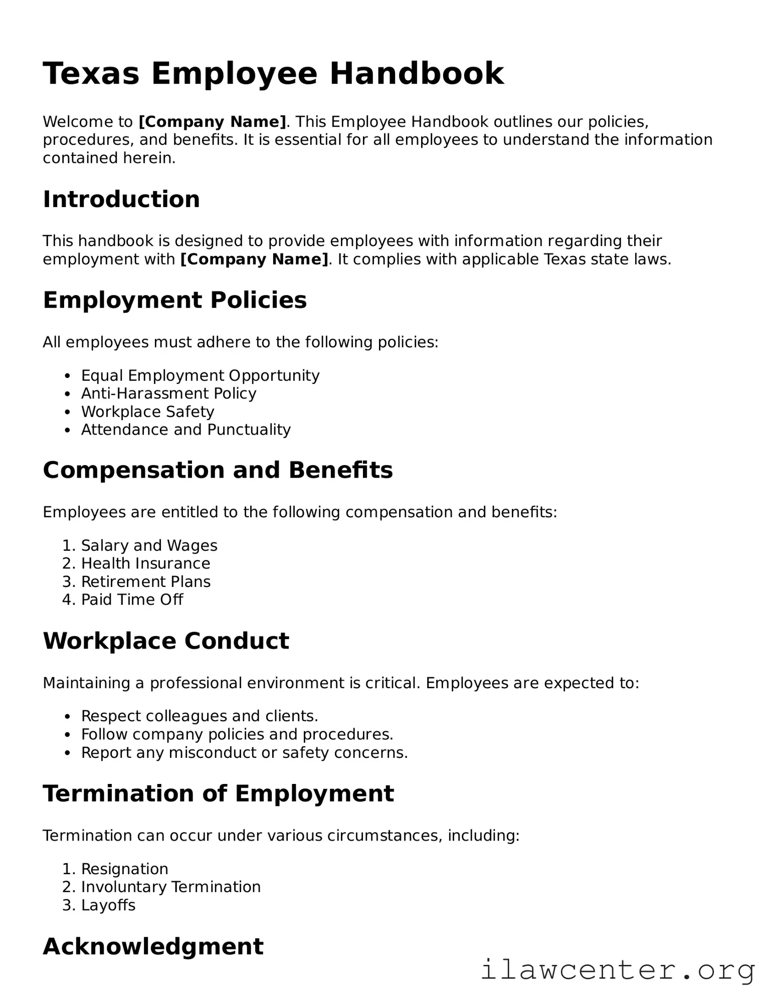 Attorney-Verified  Employee Handbook Document for Texas