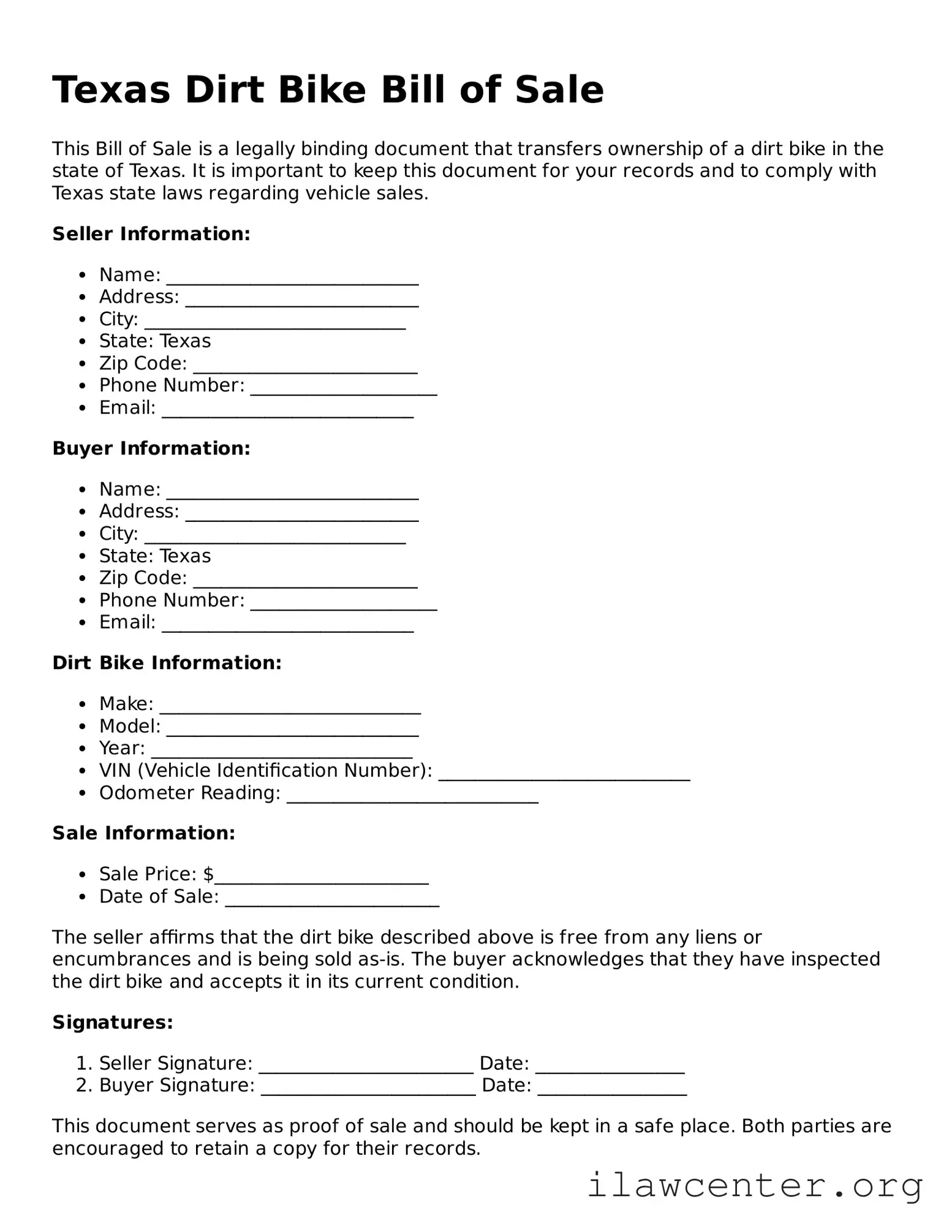 Attorney-Verified  Dirt Bike Bill of Sale Document for Texas