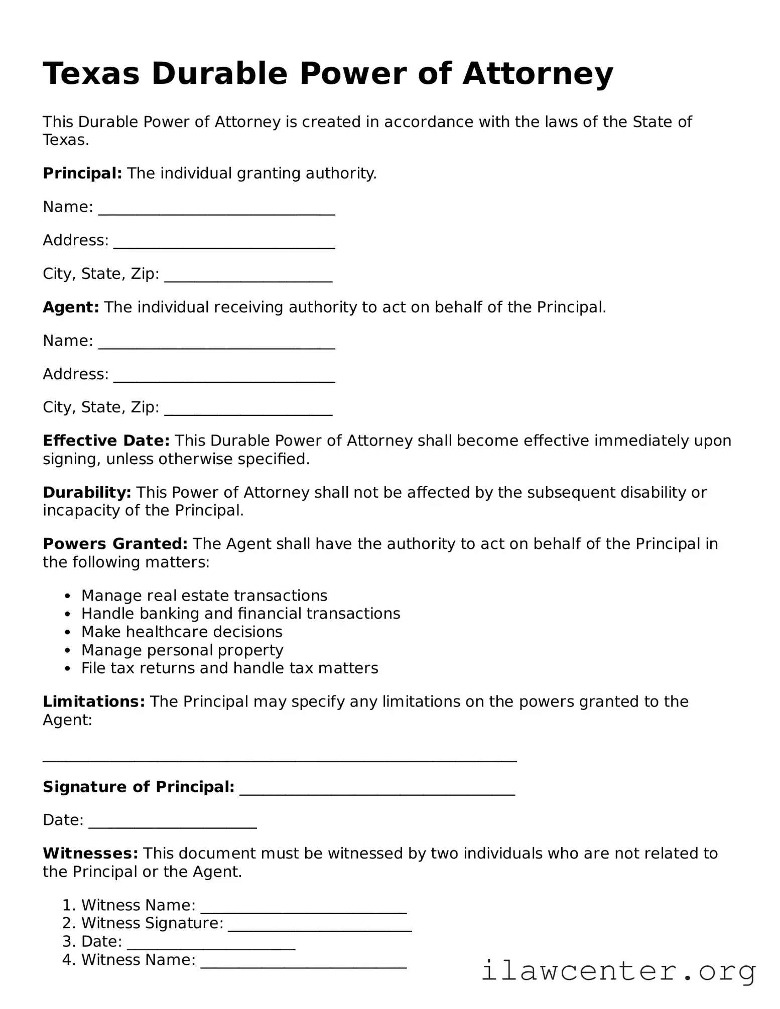 Attorney-Verified  Durable Power of Attorney Document for Texas