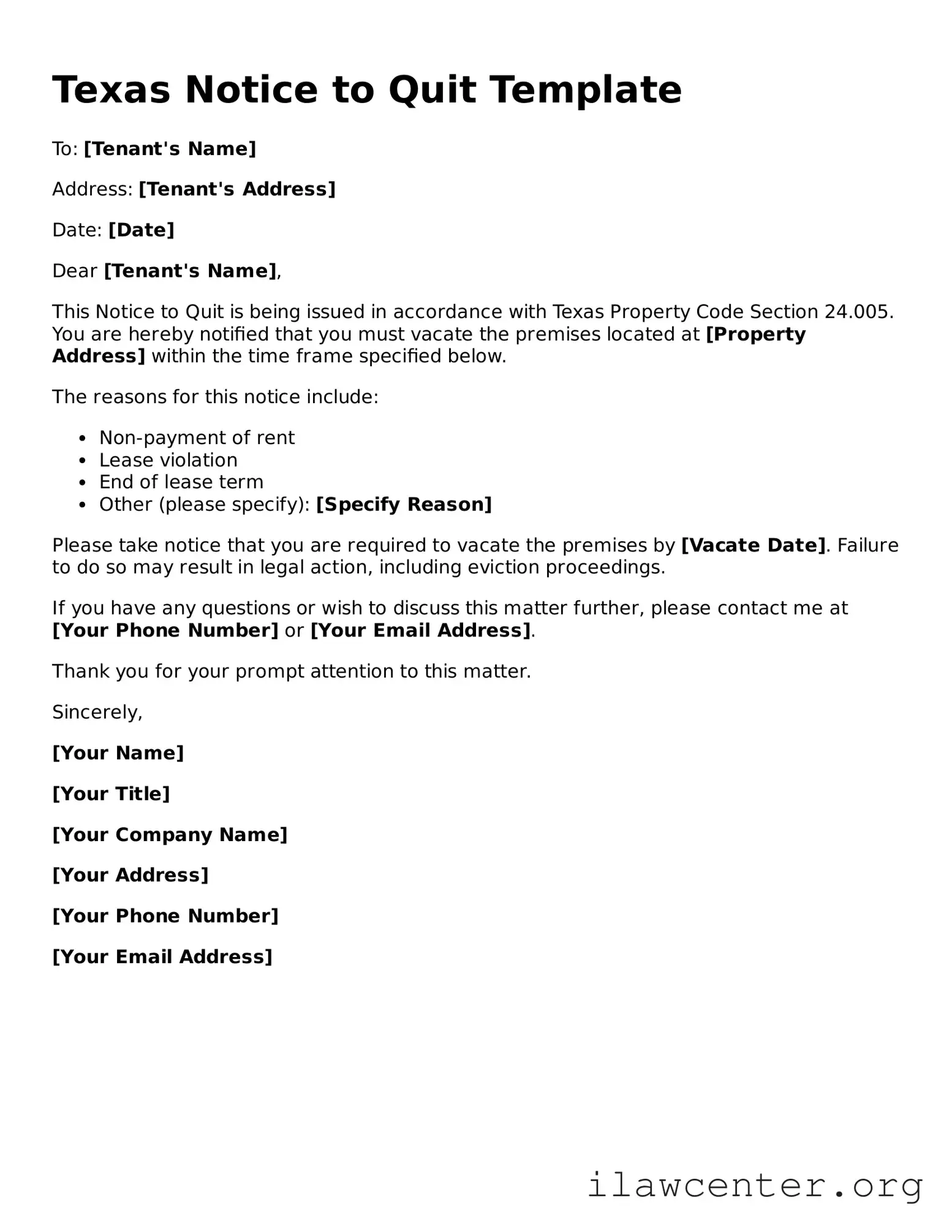 Attorney-Verified  Notice to Quit Document for Texas