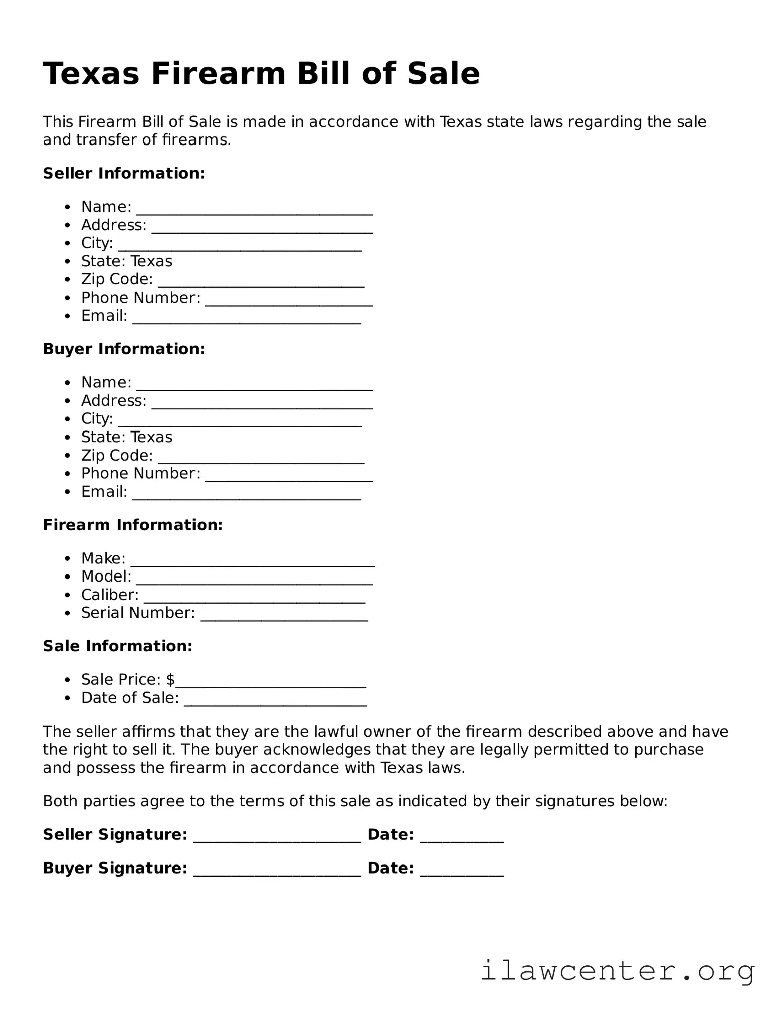 Attorney-Verified  Firearm Bill of Sale Document for Texas