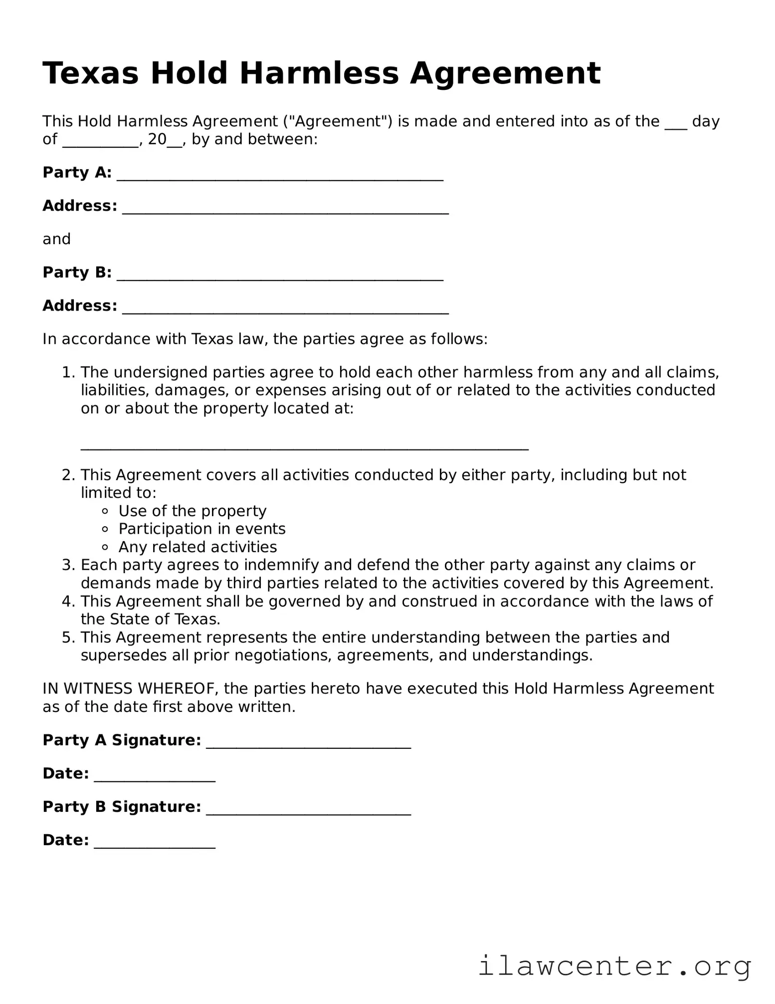 Attorney-Verified  Hold Harmless Agreement Document for Texas