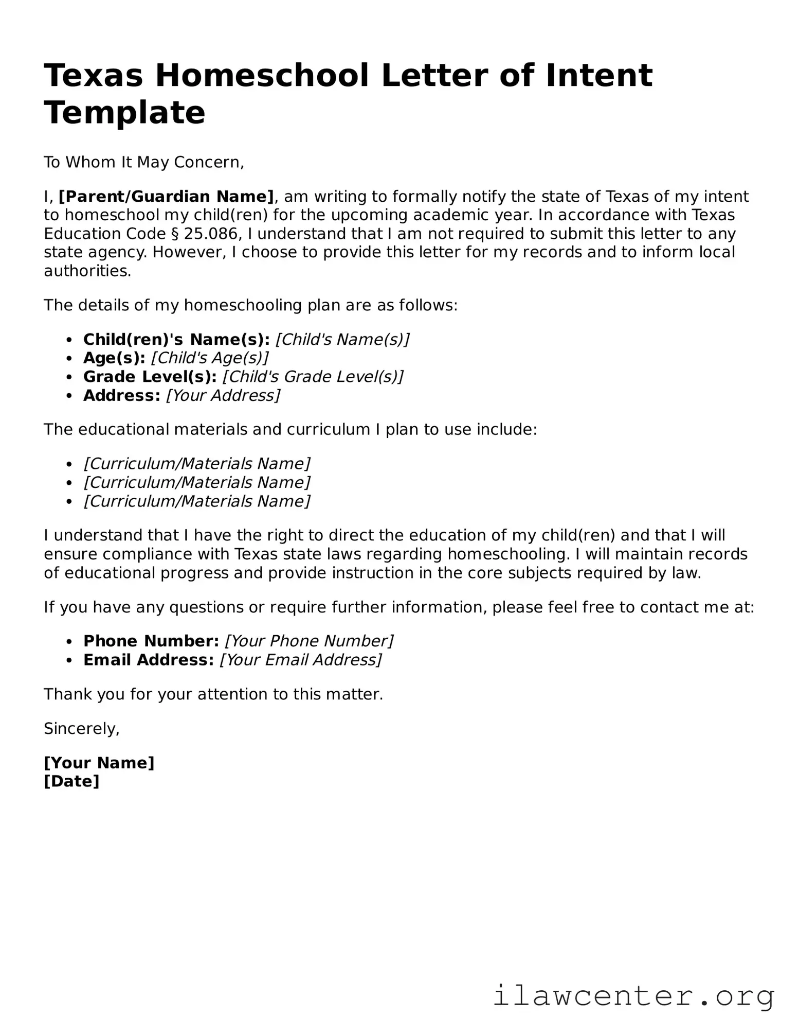 Attorney-Verified  Homeschool Letter of Intent Document for Texas