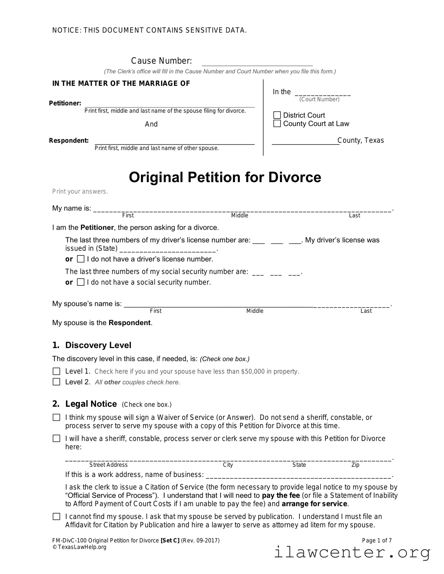 Texas Law Help FM-DivC-100 Original Petition for Divorce Set C PDF Template