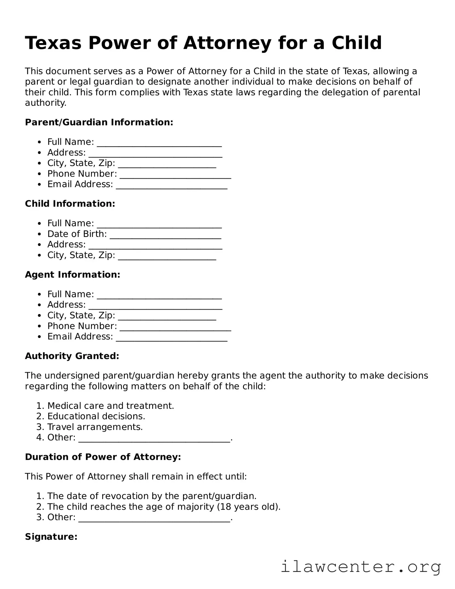 Attorney-Verified  Power of Attorney for a Child Document for Texas