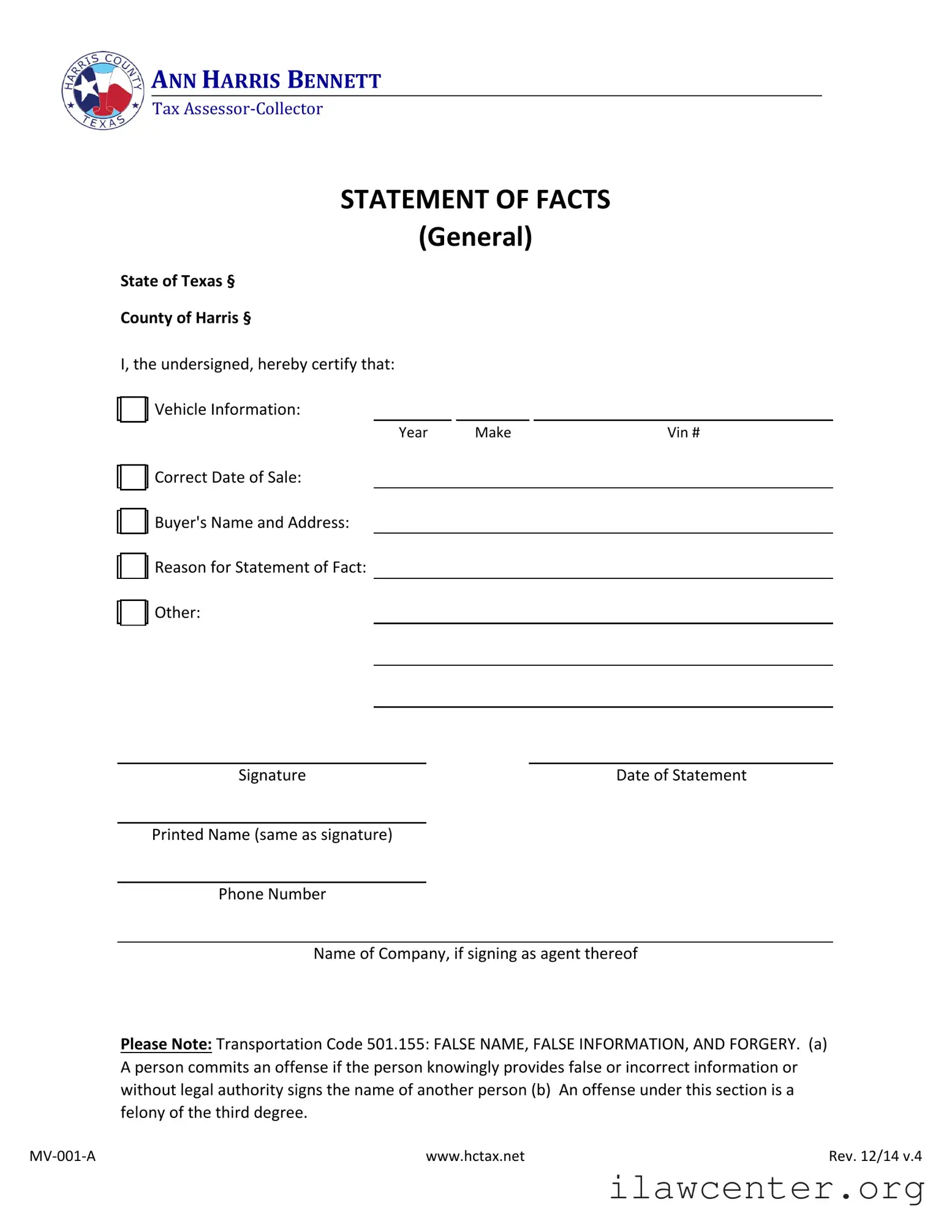 Statement Of Fact Texas PDF Template