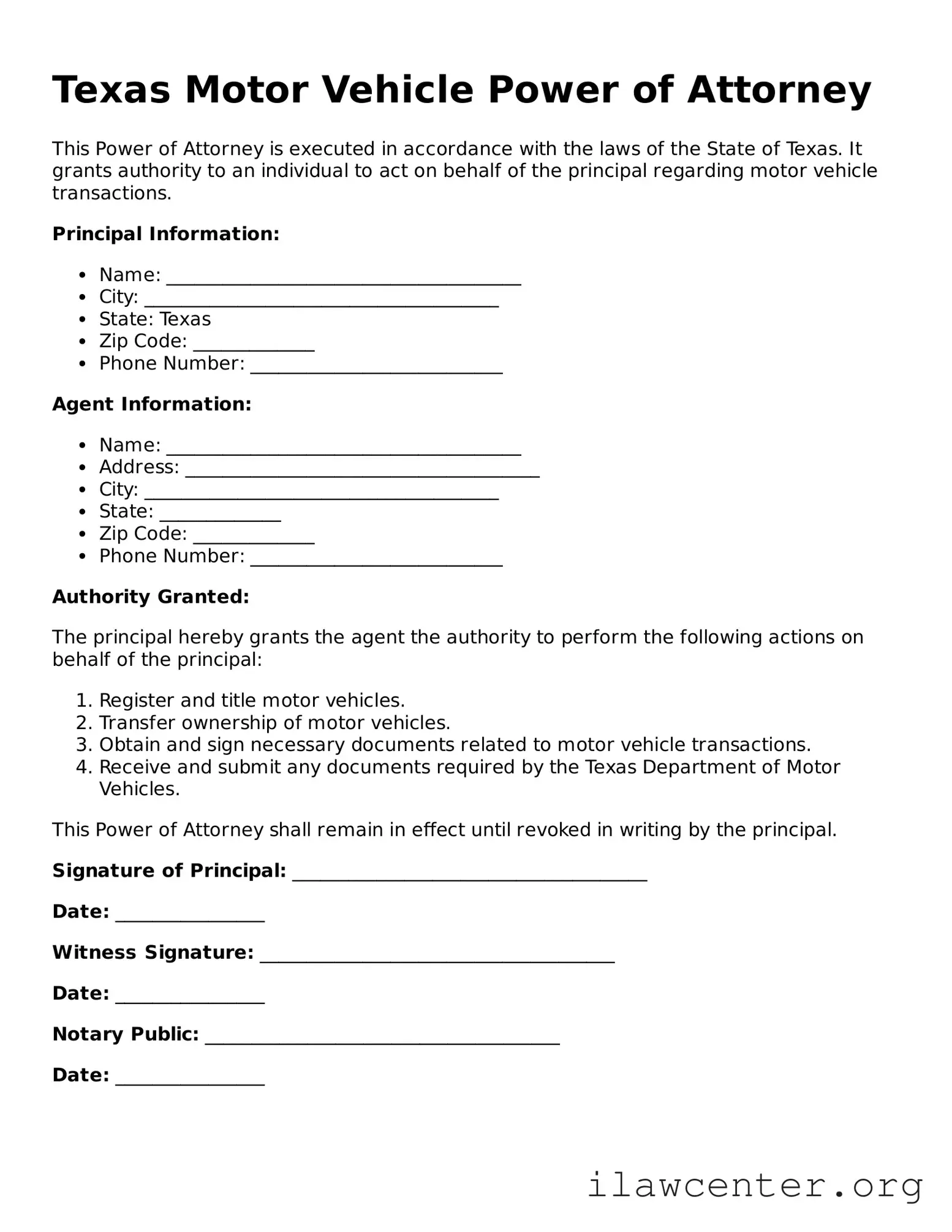 Attorney-Verified  Motor Vehicle Power of Attorney Document for Texas