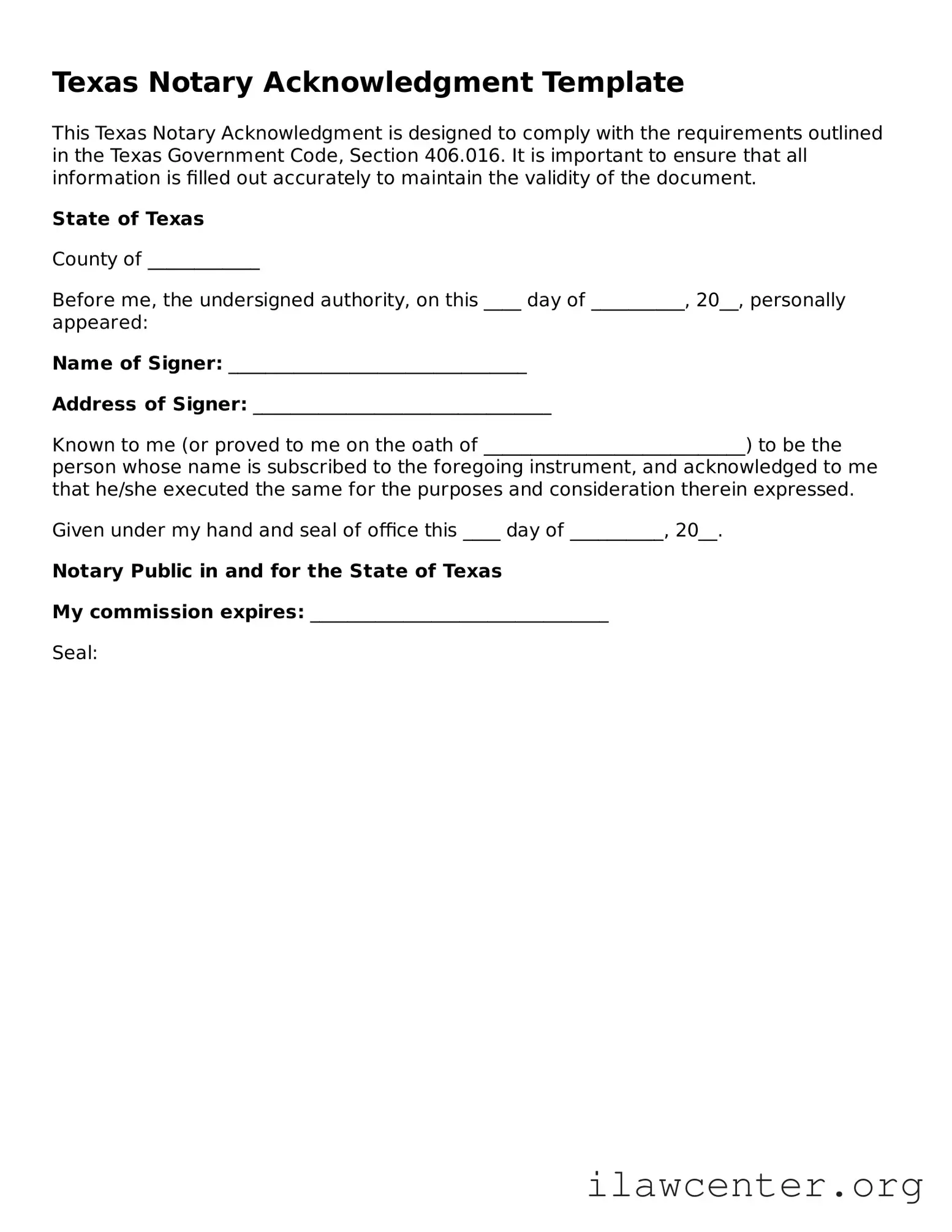 Attorney-Verified  Notary Acknowledgement Document for Texas