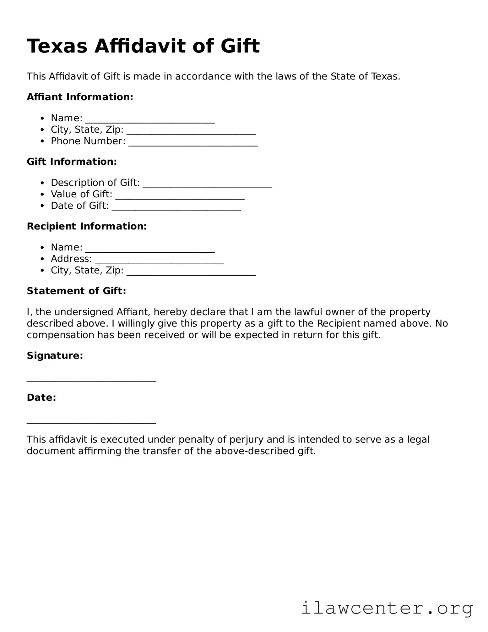 Attorney-Verified  Affidavit of Gift Document for Texas