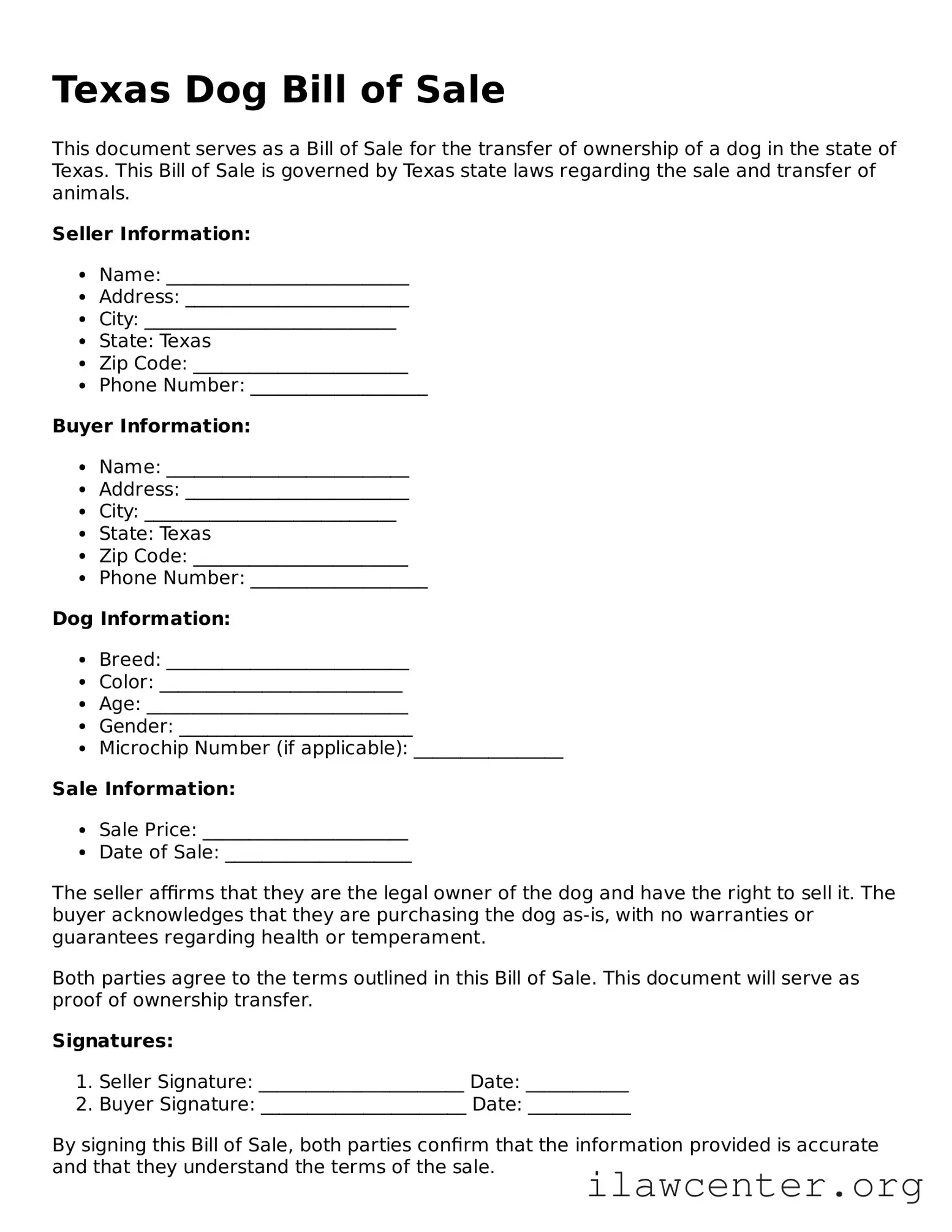 Attorney-Verified  Dog Bill of Sale Document for Texas