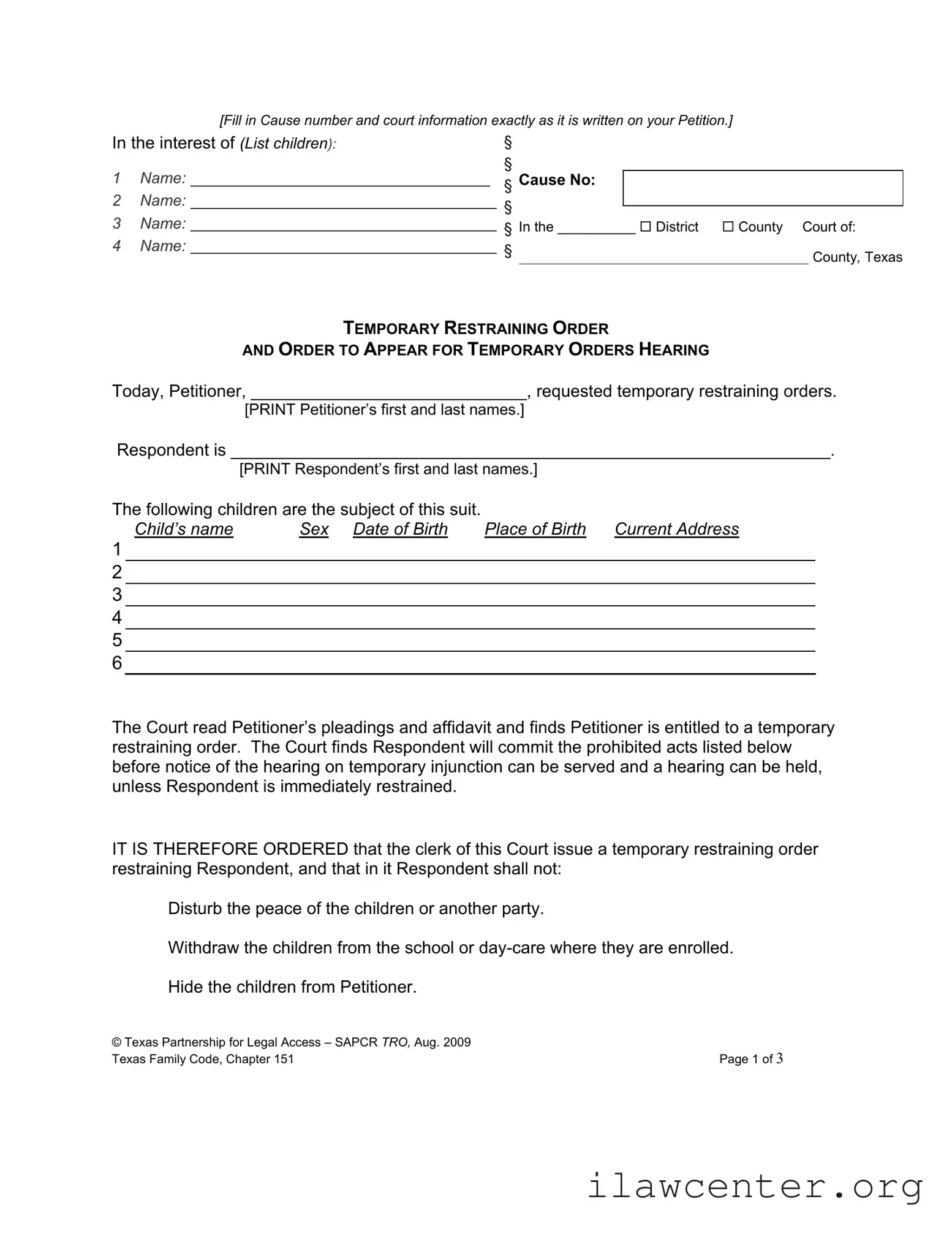 Texas Temporary Restraining Order PDF Template