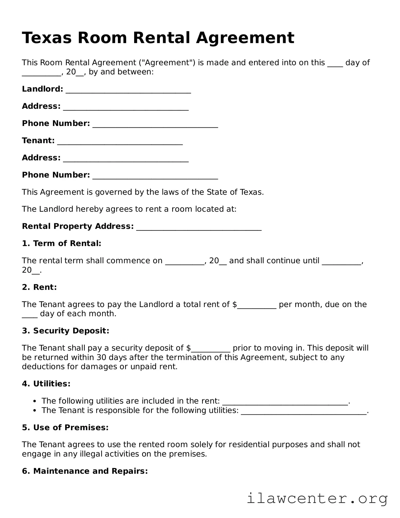 Attorney-Verified  Room Rental Agreement Document for Texas