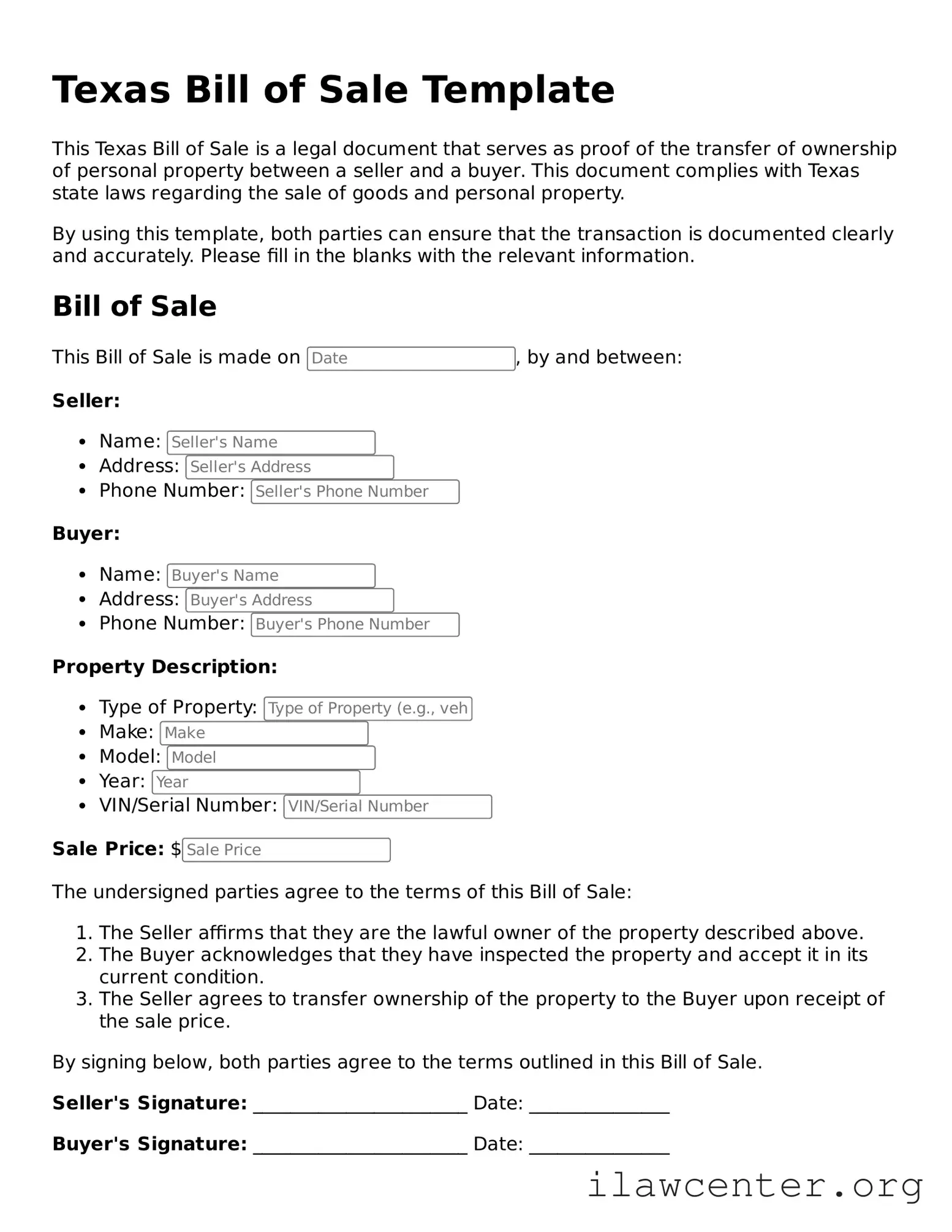 Attorney-Verified  Bill of Sale Document for Texas
