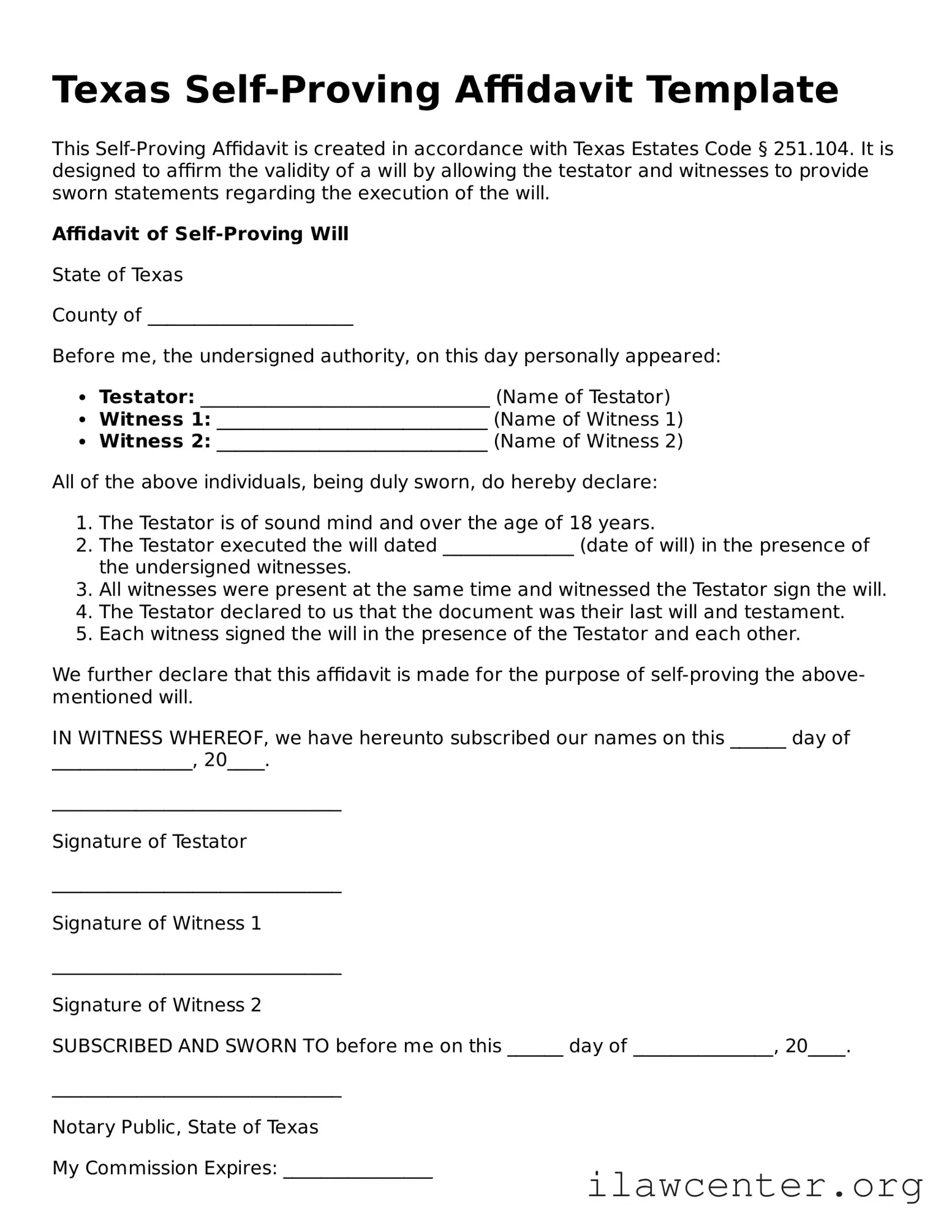 Attorney-Verified  Self-Proving Affidavit Document for Texas