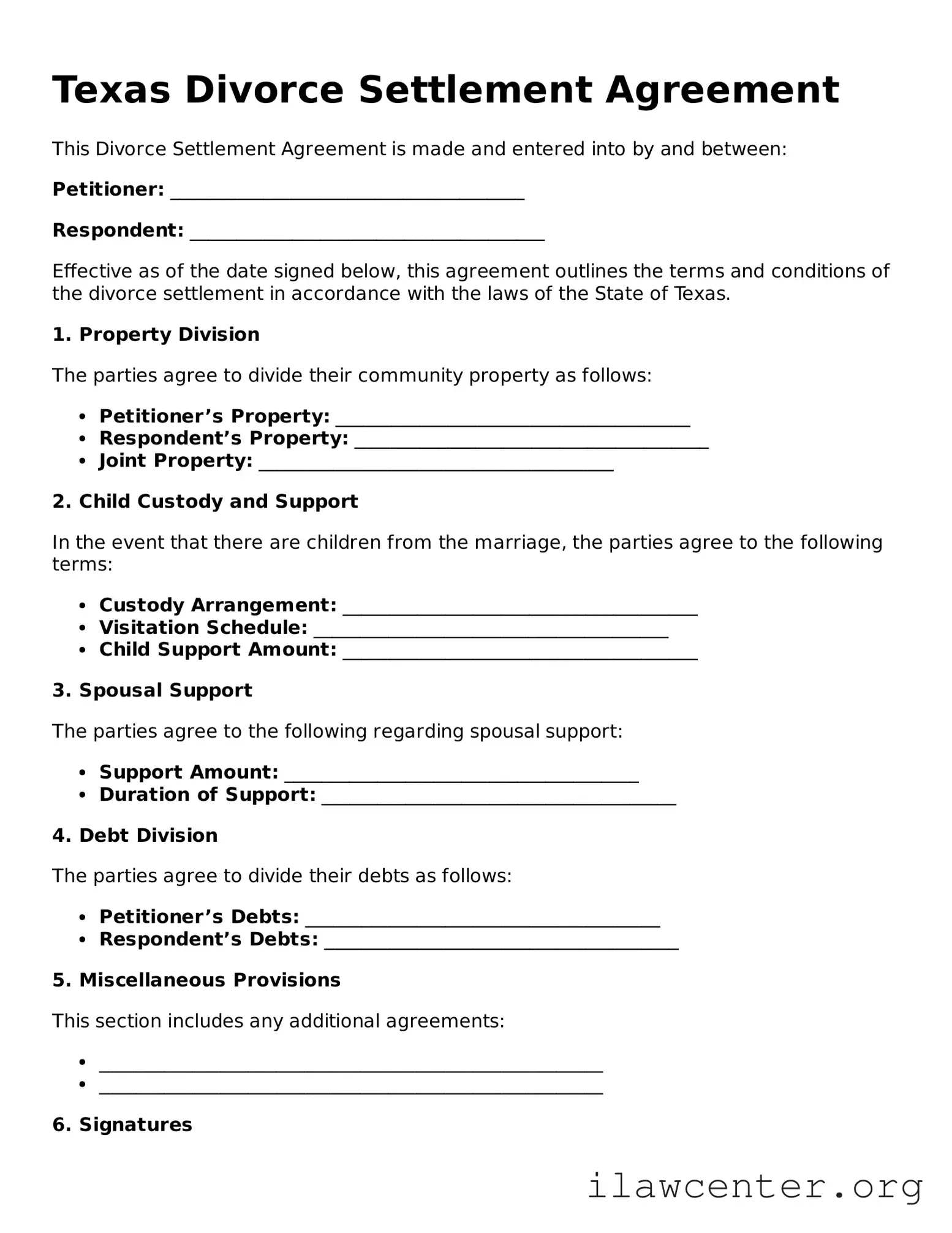 Attorney-Verified  Divorce Settlement Agreement Document for Texas