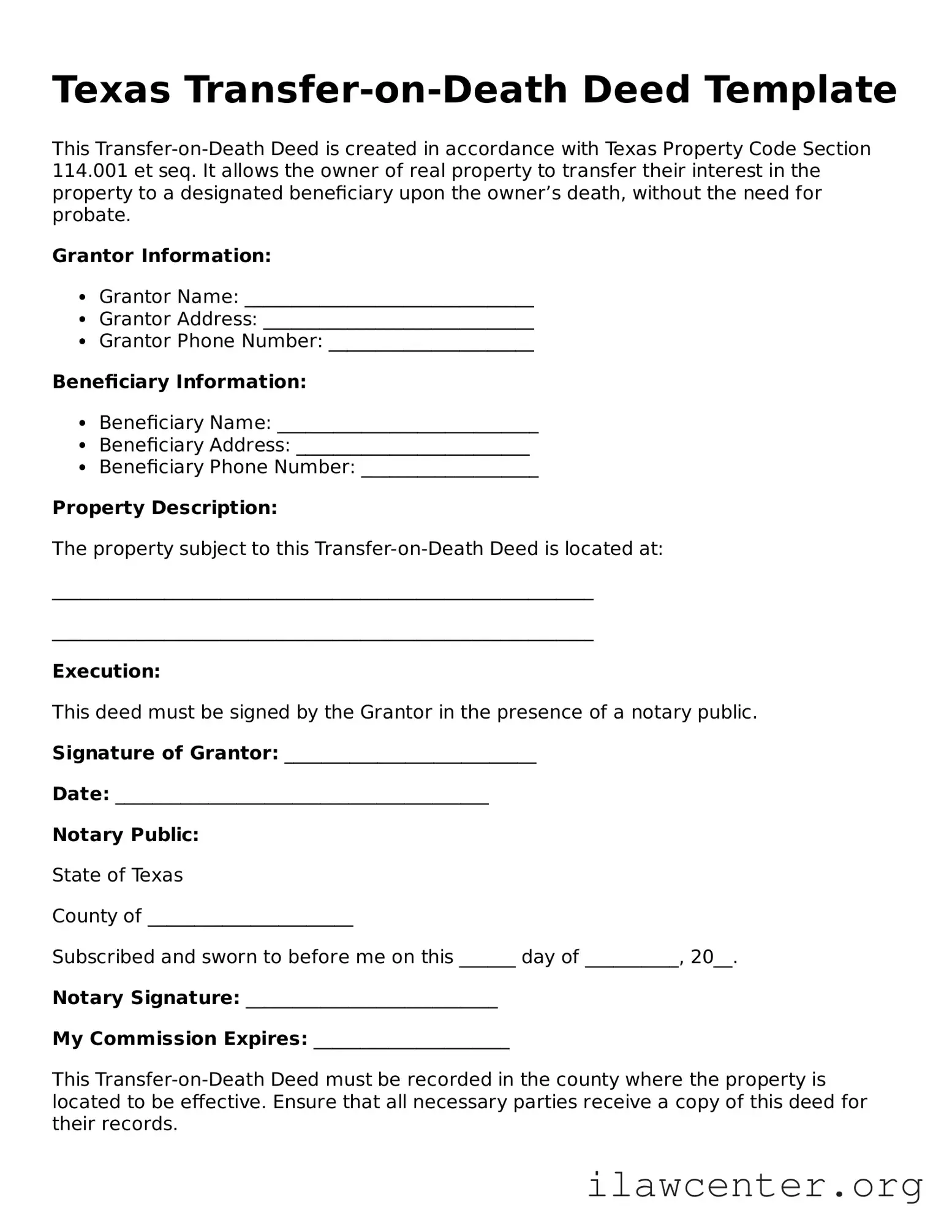 Attorney-Verified  Transfer-on-Death Deed Document for Texas