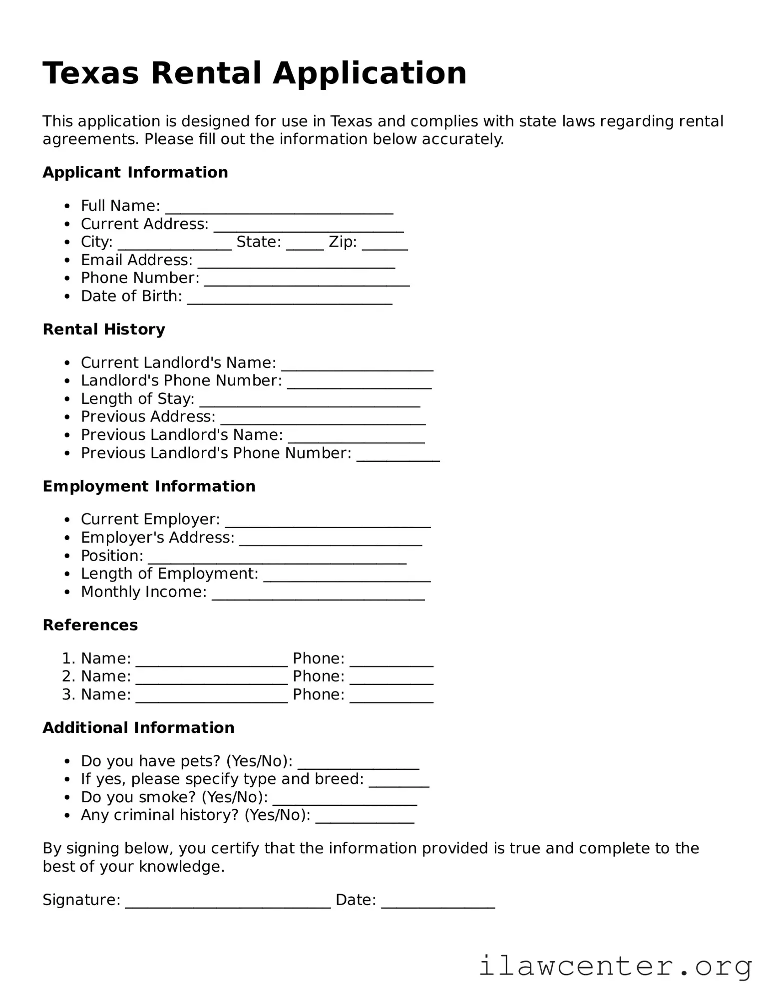 Attorney-Verified  Rental Application Document for Texas