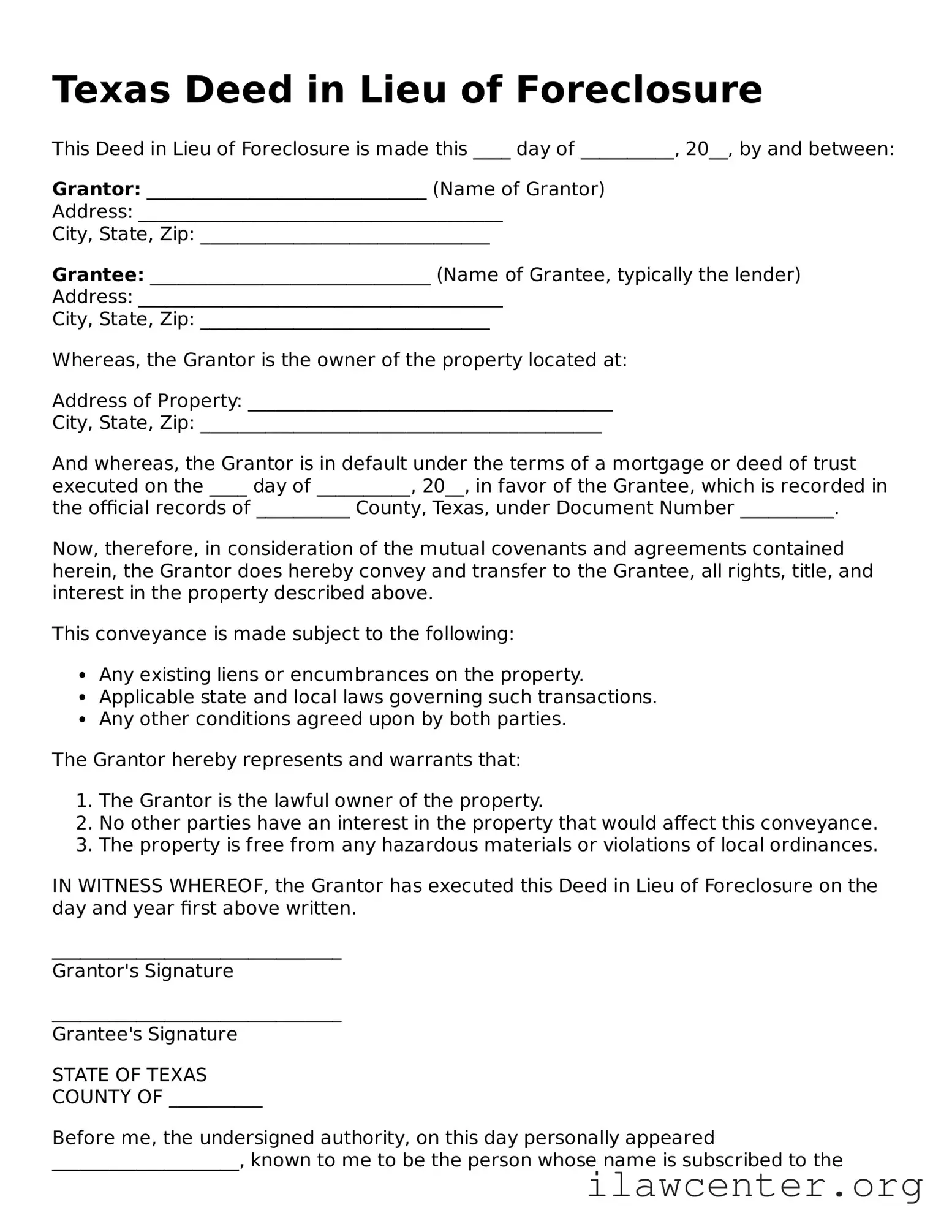 Attorney-Verified  Deed in Lieu of Foreclosure Document for Texas