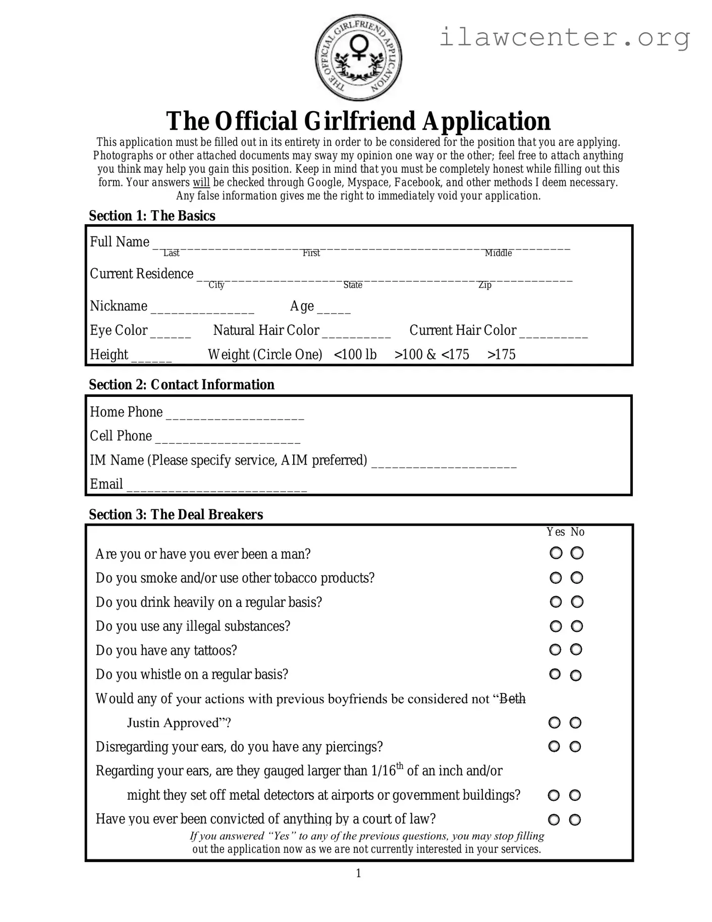 Girlfriend Application PDF Template