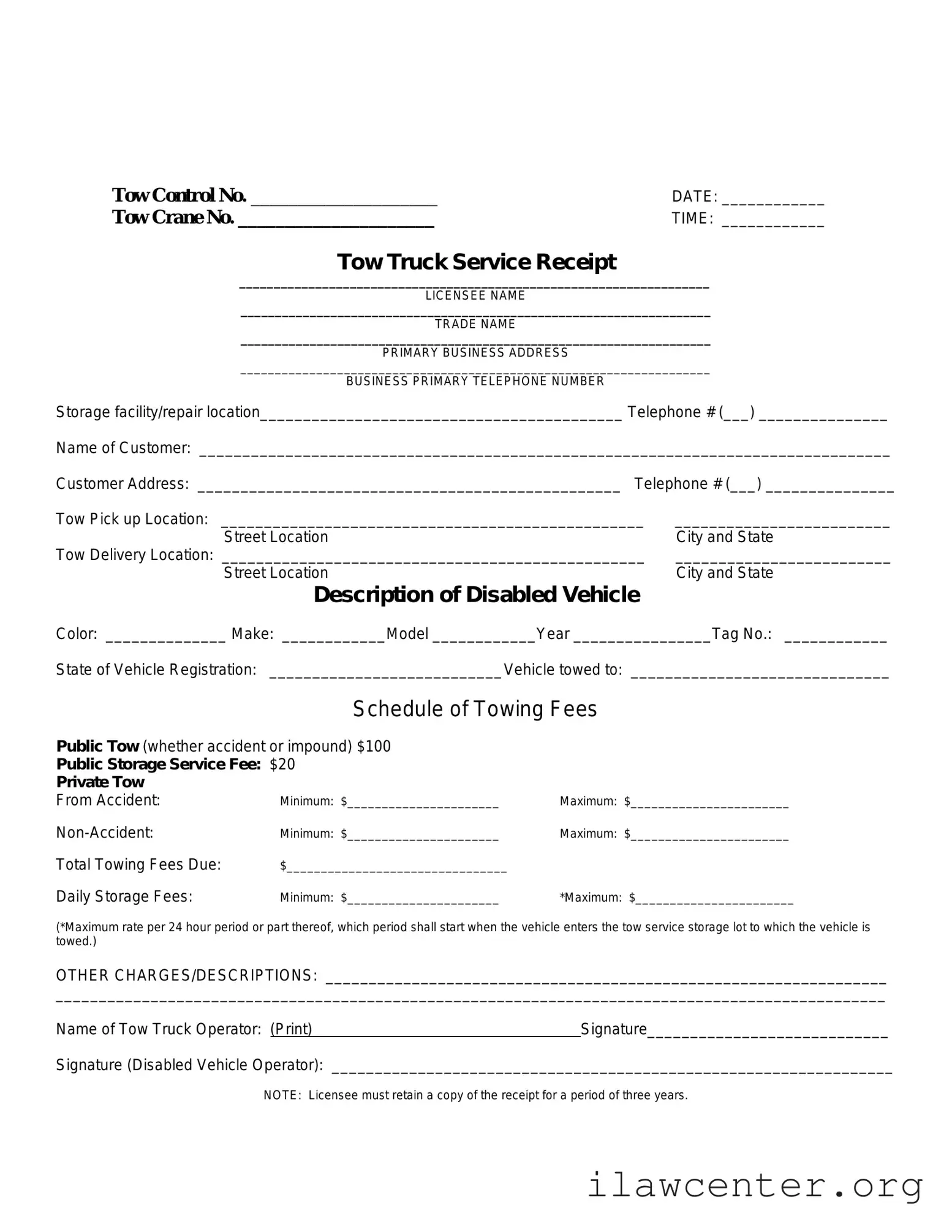 Tow Truck Receipt PDF Template