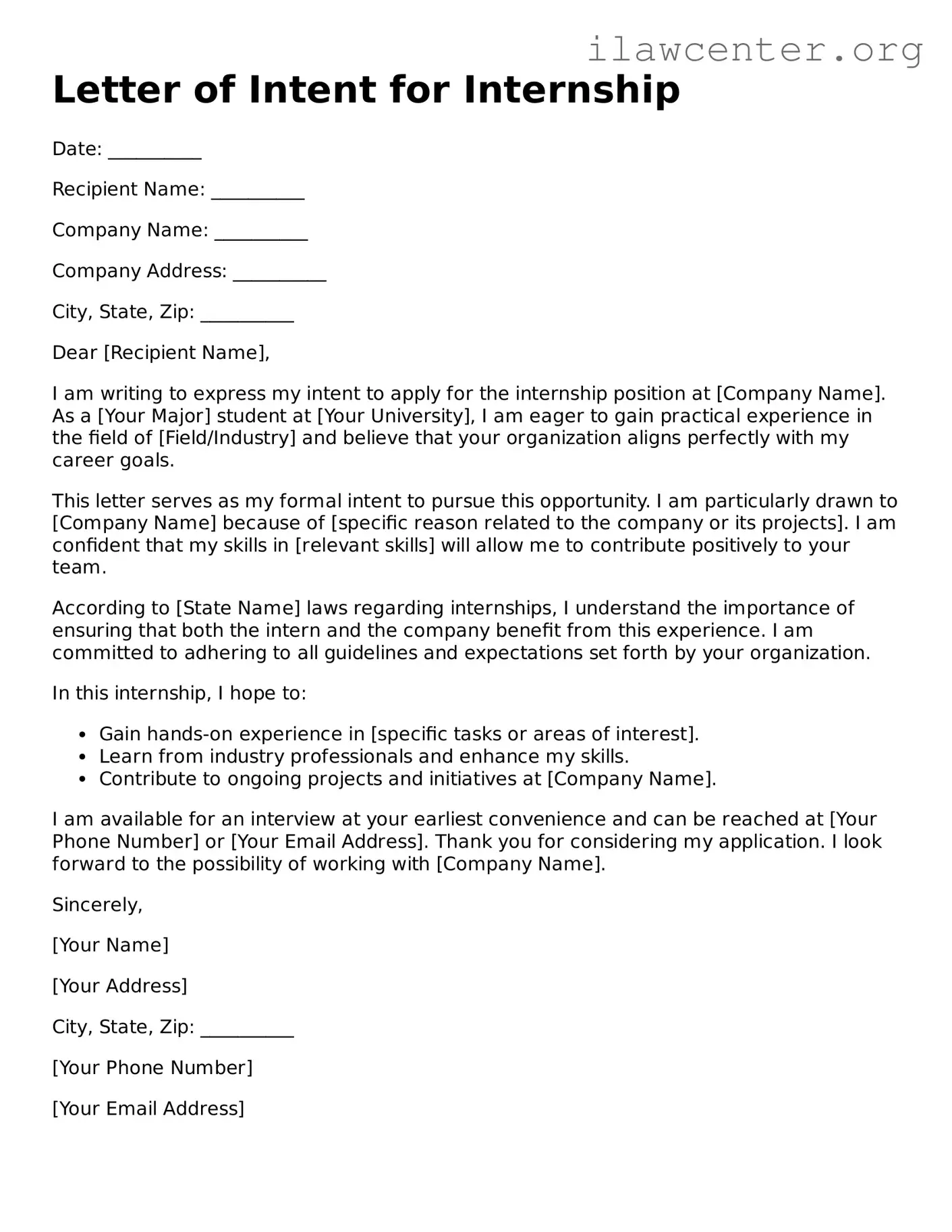 Fillable Letter of Intent for Internship Document