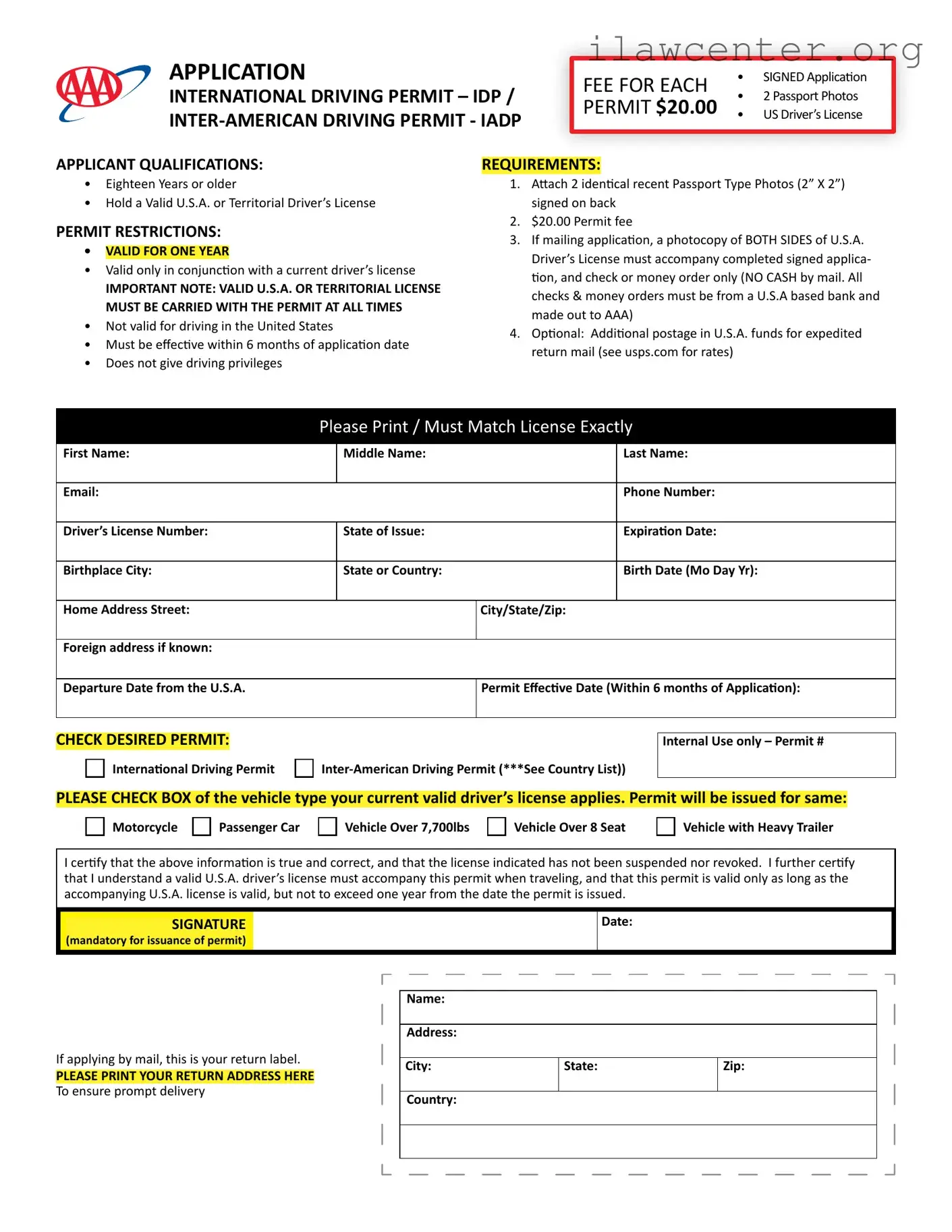 Aaa International Driving Permit Application PDF Template