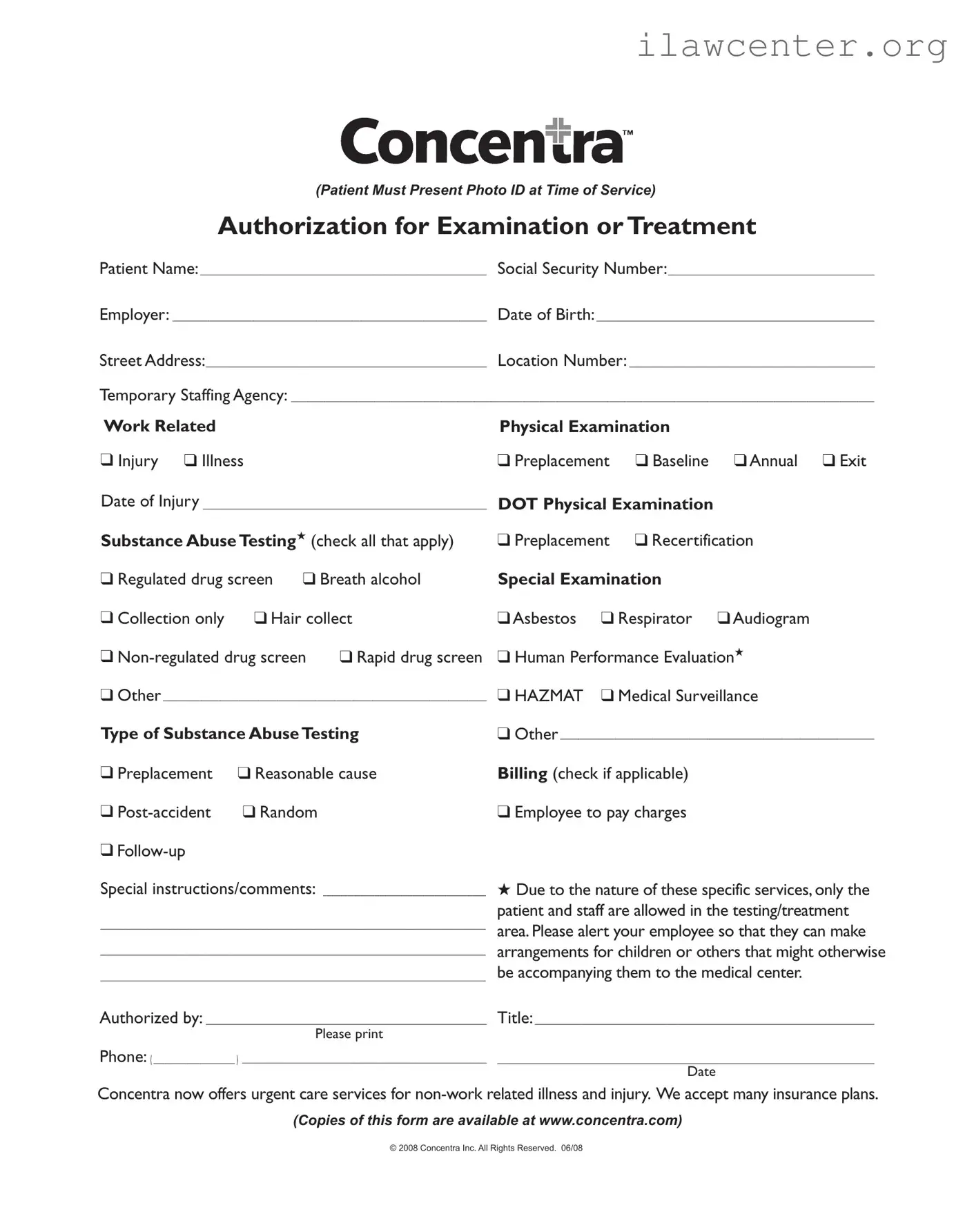 Concentra Authorization PDF Template