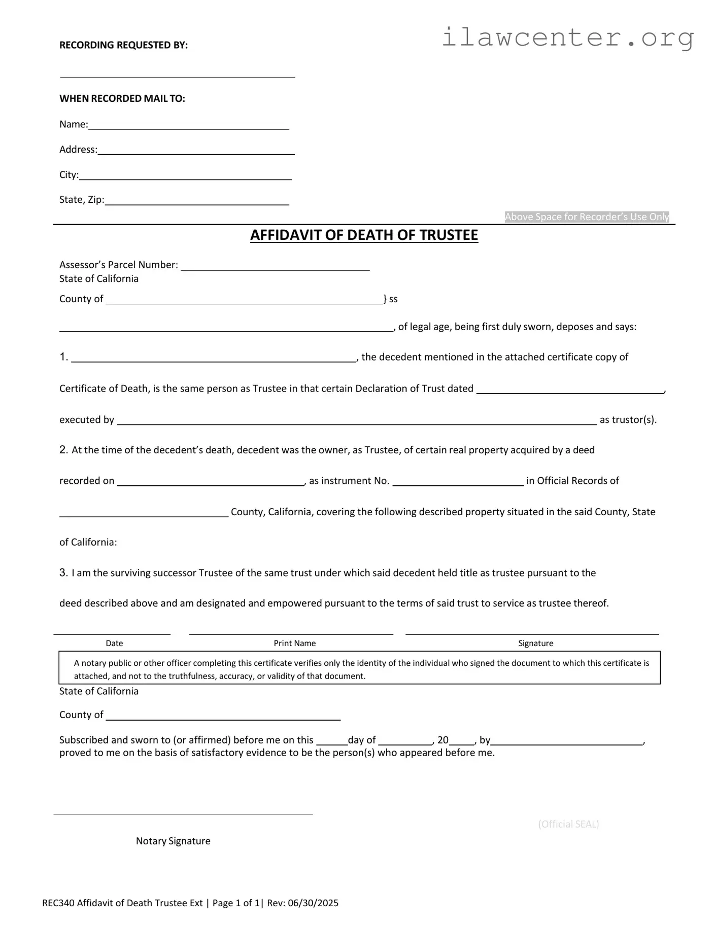 California Affidavit of Death of a Trustee PDF Template