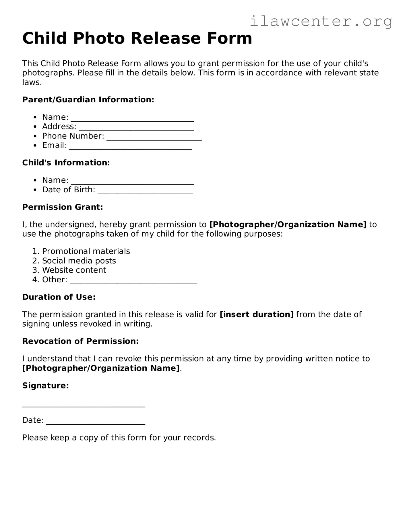 Fillable Child Photo Release Document