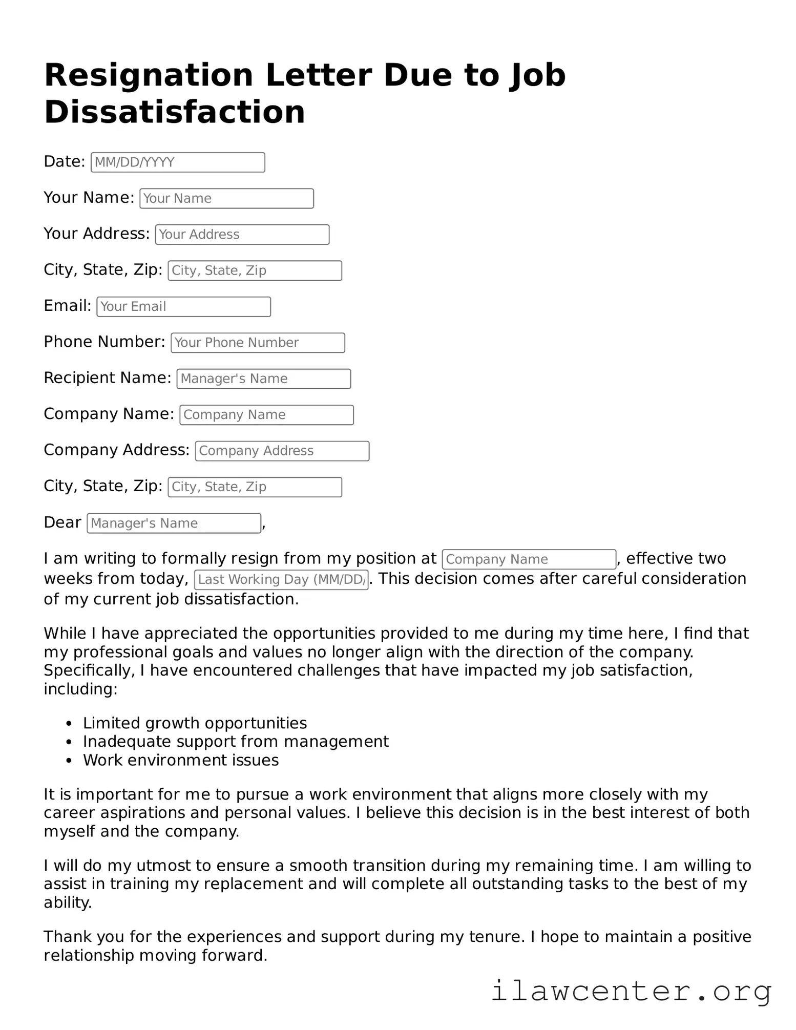 Fillable Resignation Letter Due to Job Dissatisfaction Document