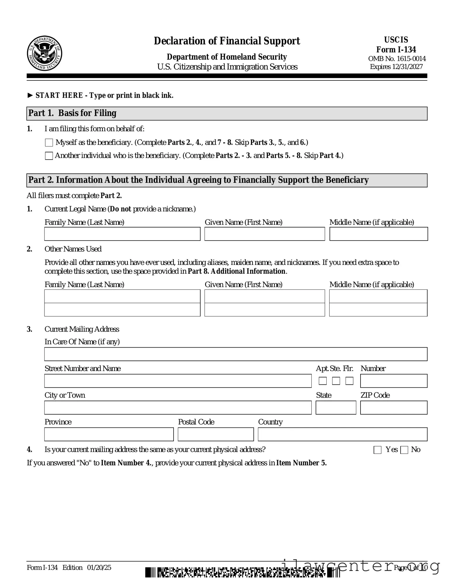USCIS I-134 PDF Template
