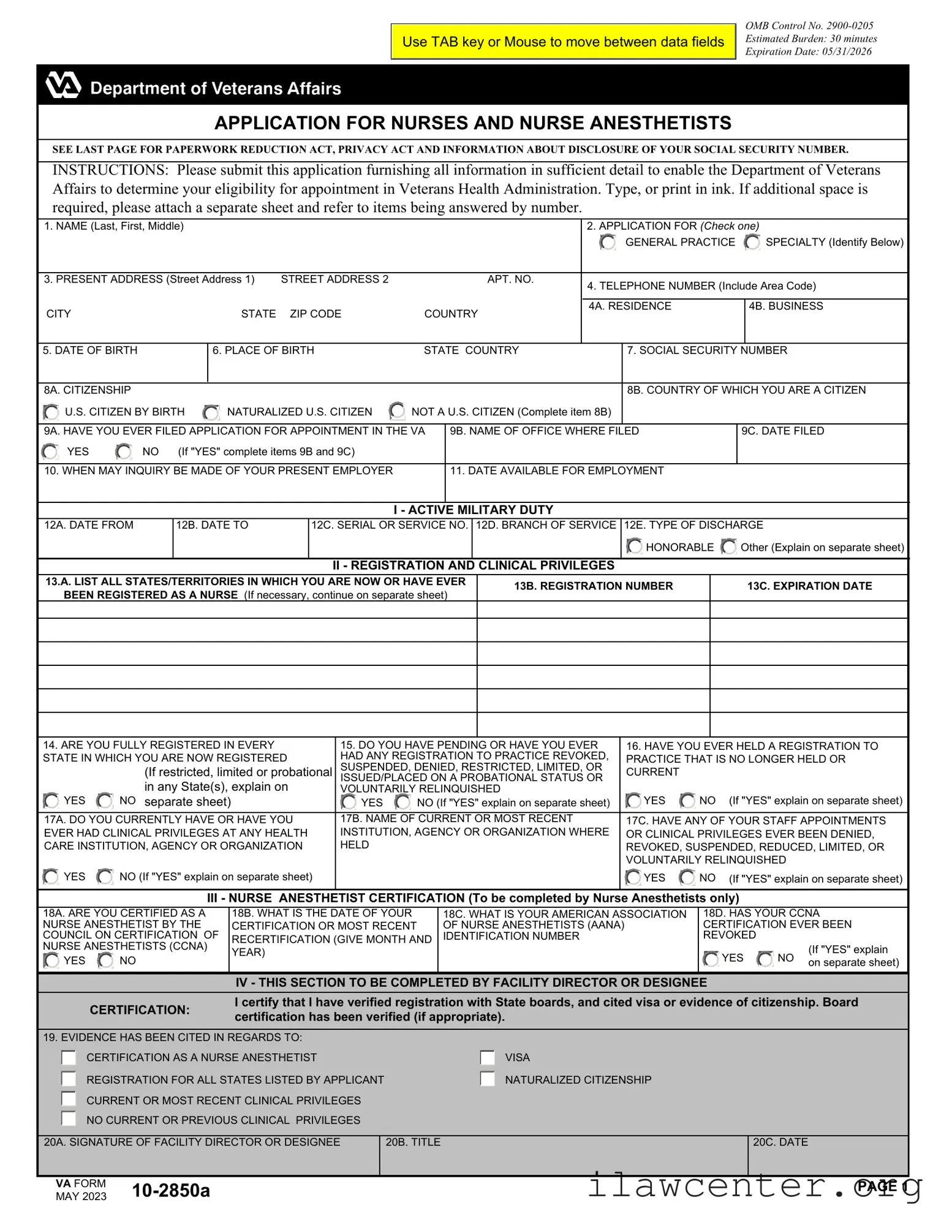 VA 10-2850a PDF Template