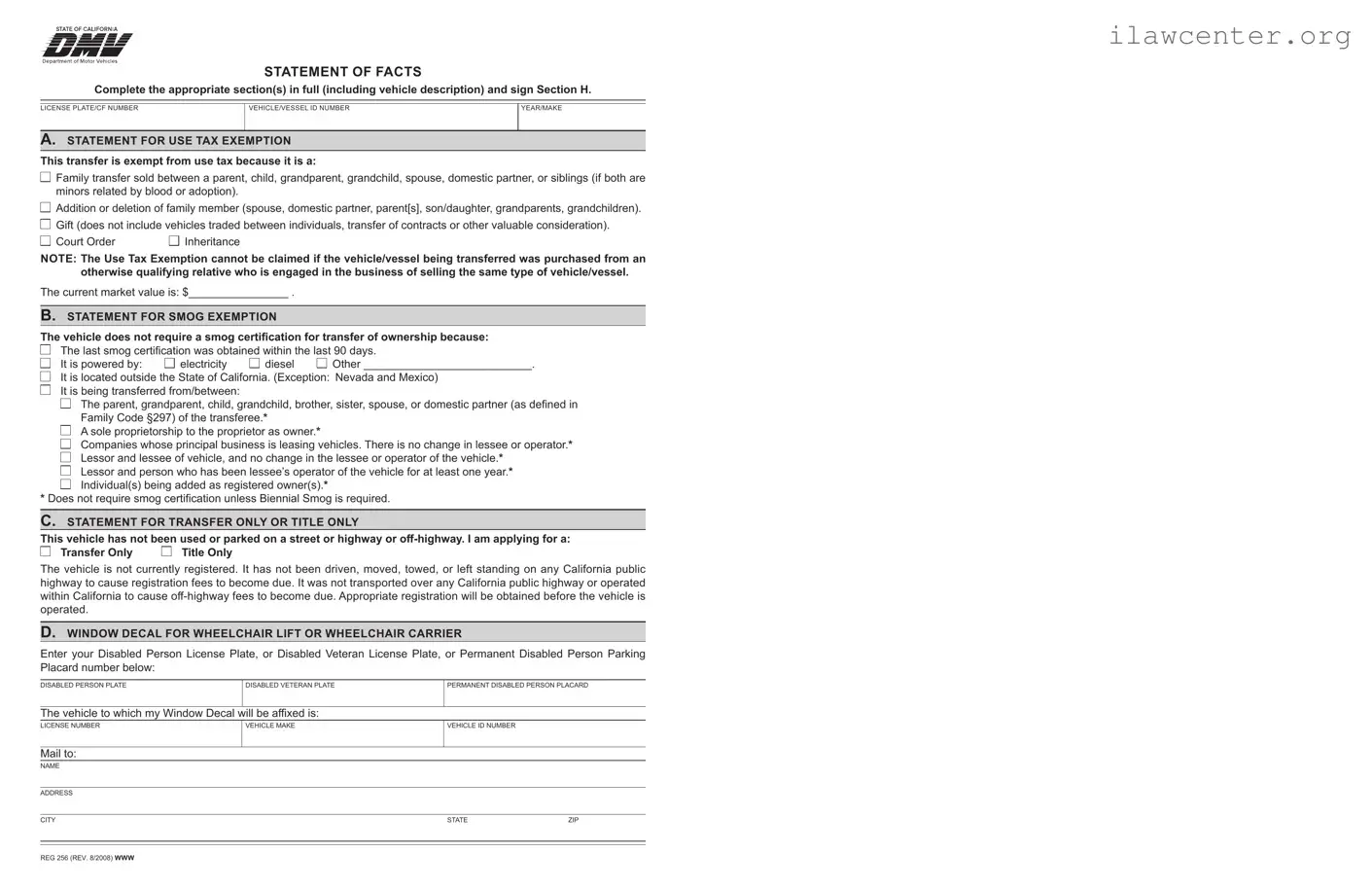 Dmv Reg 256 PDF Template