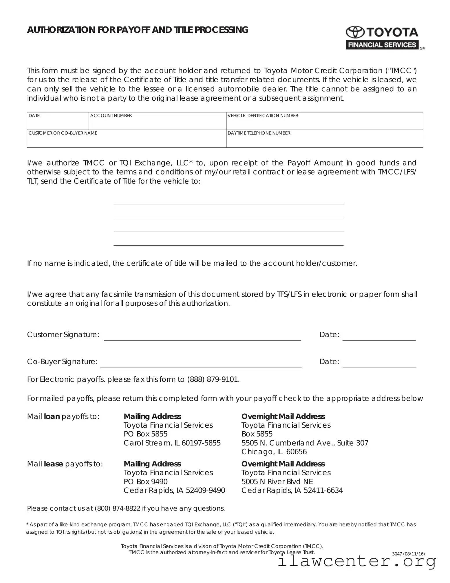 Toyota Finacial Payoff PDF Template