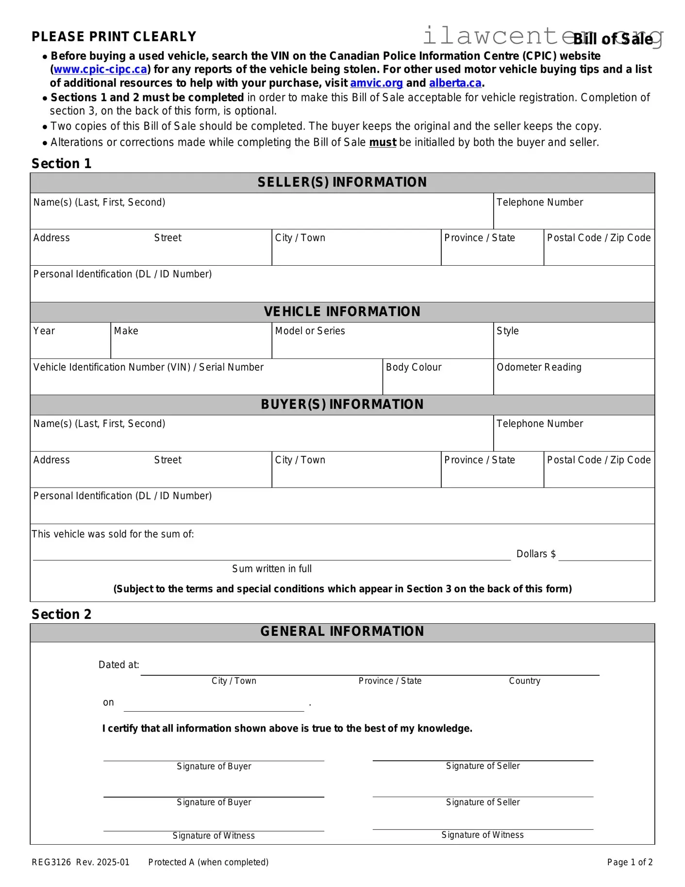 Alberta Bill Sale PDF Template