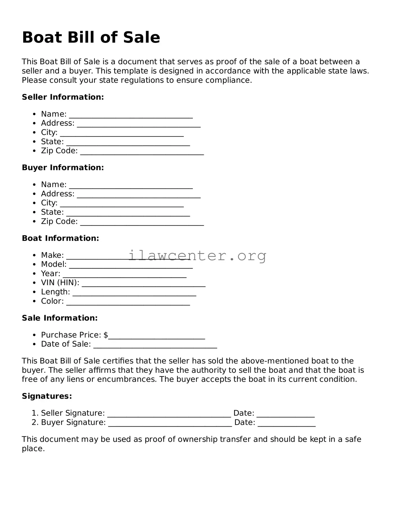 Fillable Boat Bill of Sale Document