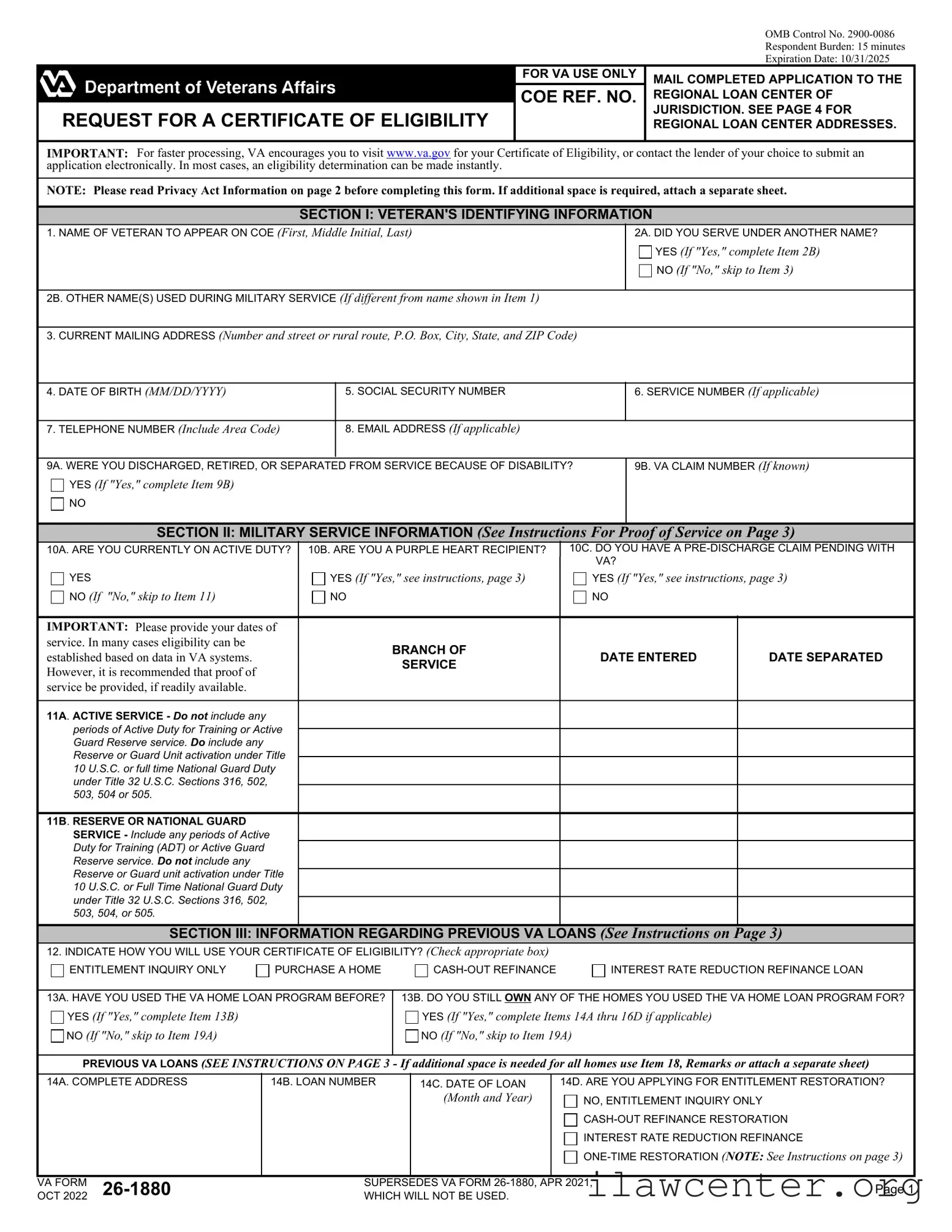 VBA VA 26-1880 PDF Template