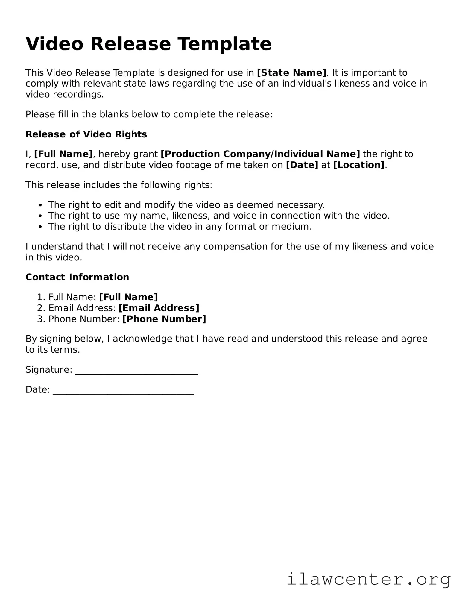 Fillable Video Release Document