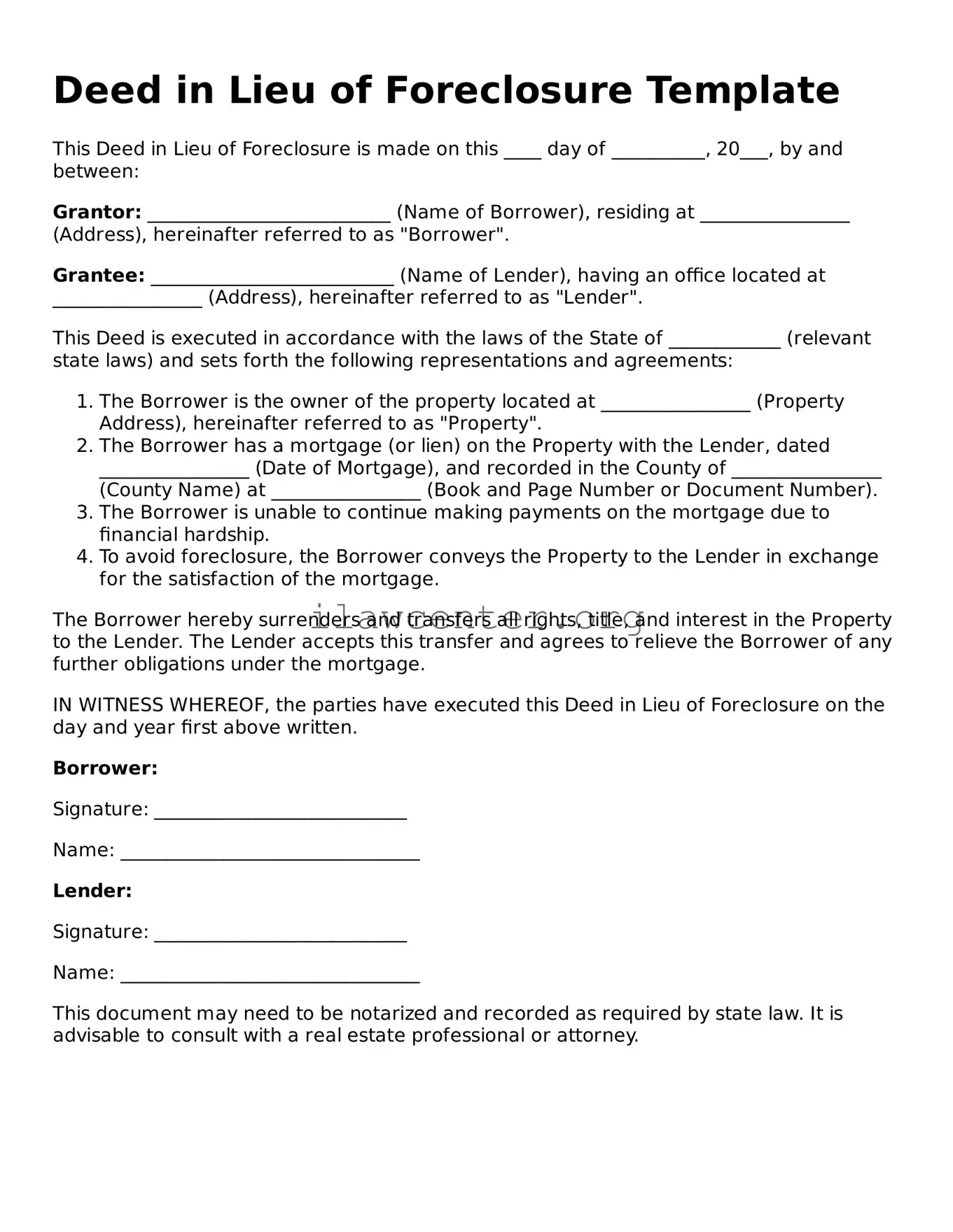 Fillable Deed in Lieu of Foreclosure Document