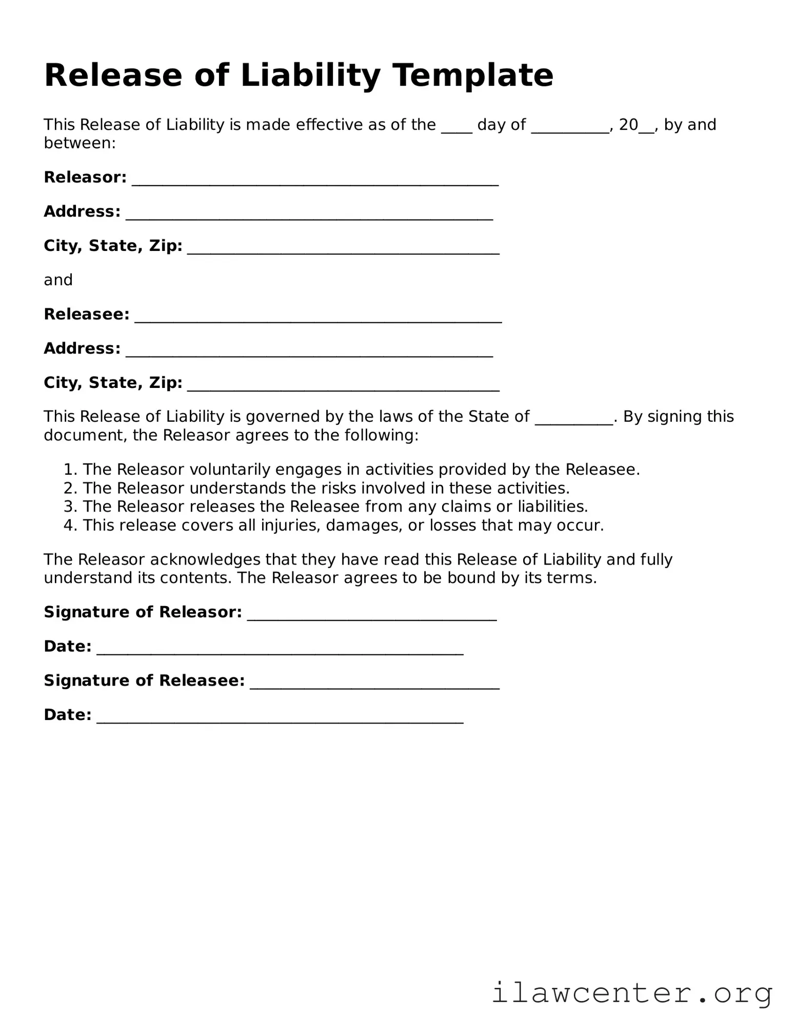 Fillable Release of Liability Document