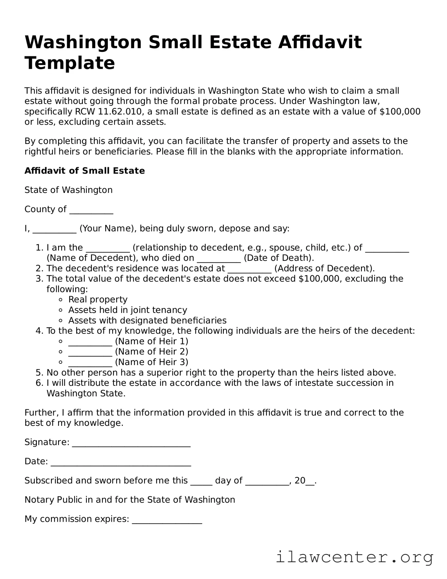 Attorney-Verified  Small Estate Affidavit Document for Washington