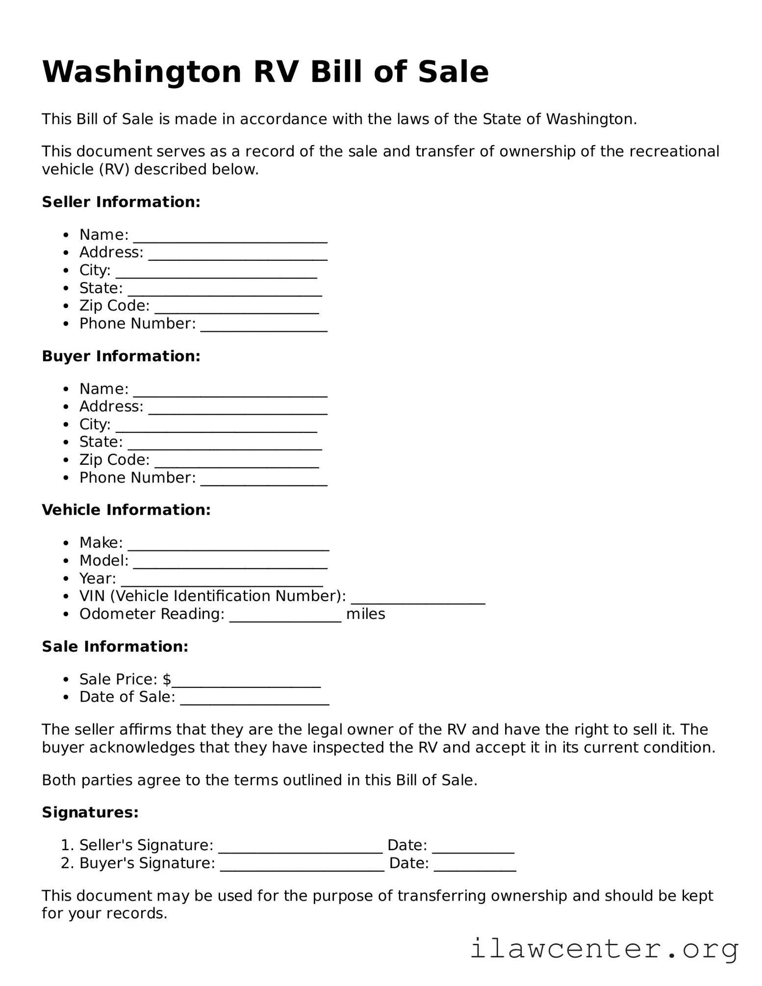 Attorney-Verified  RV Bill of Sale Document for Washington
