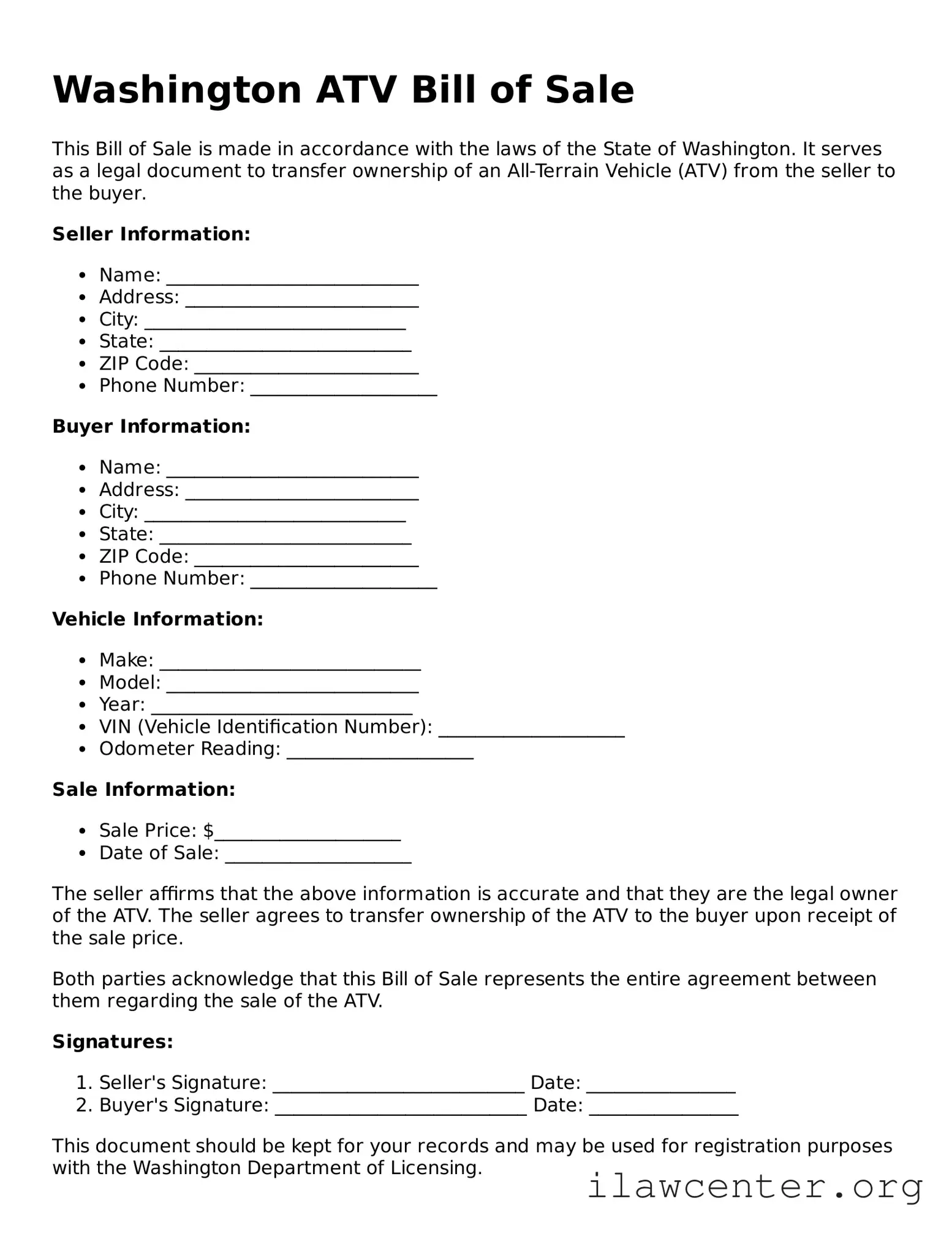 Attorney-Verified  ATV Bill of Sale Document for Washington