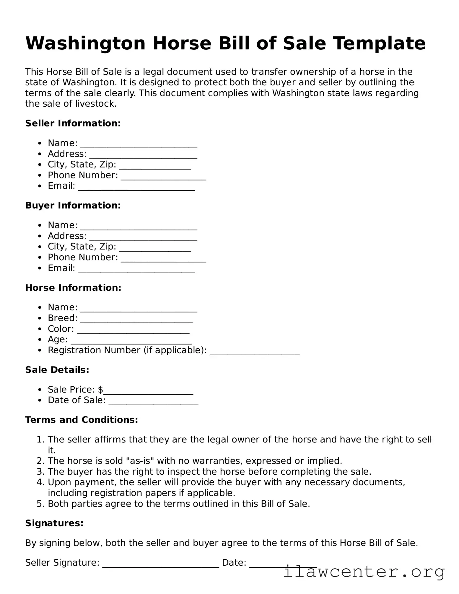 Attorney-Verified  Horse Bill of Sale Document for Washington
