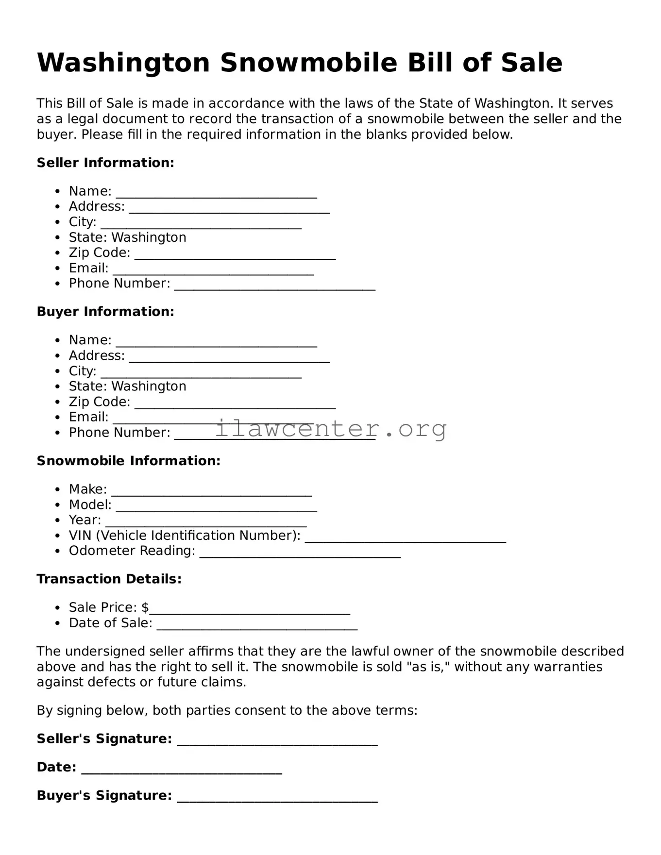 Attorney-Verified  Snowmobile Bill of Sale Document for Washington