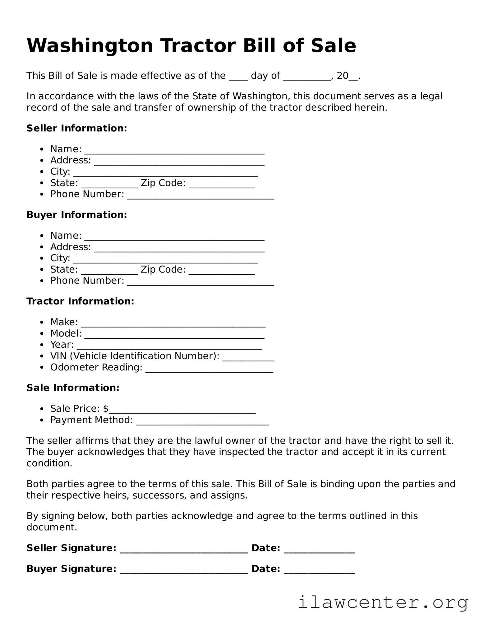Attorney-Verified  Tractor Bill of Sale Document for Washington