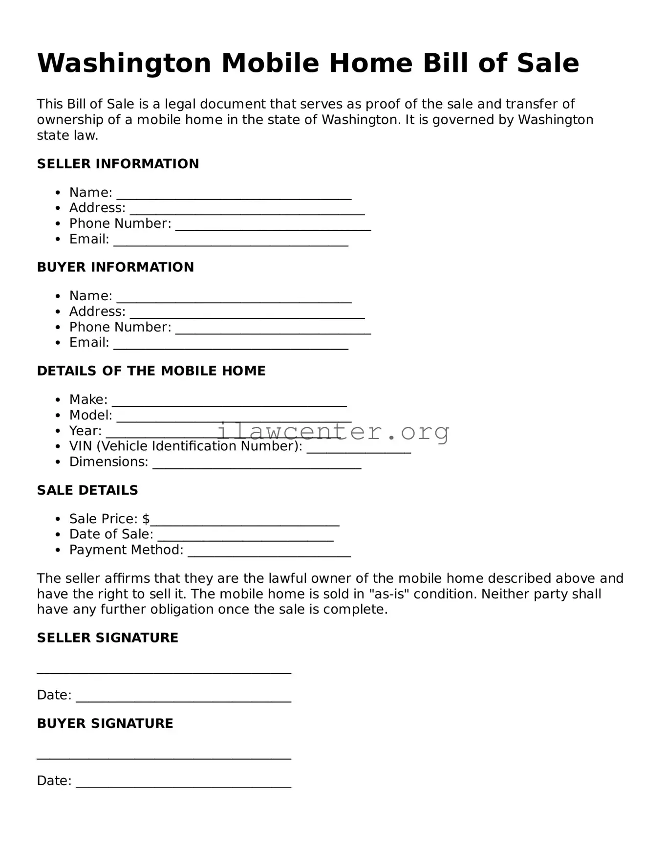 Attorney-Verified  Mobile Home Bill of Sale Document for Washington