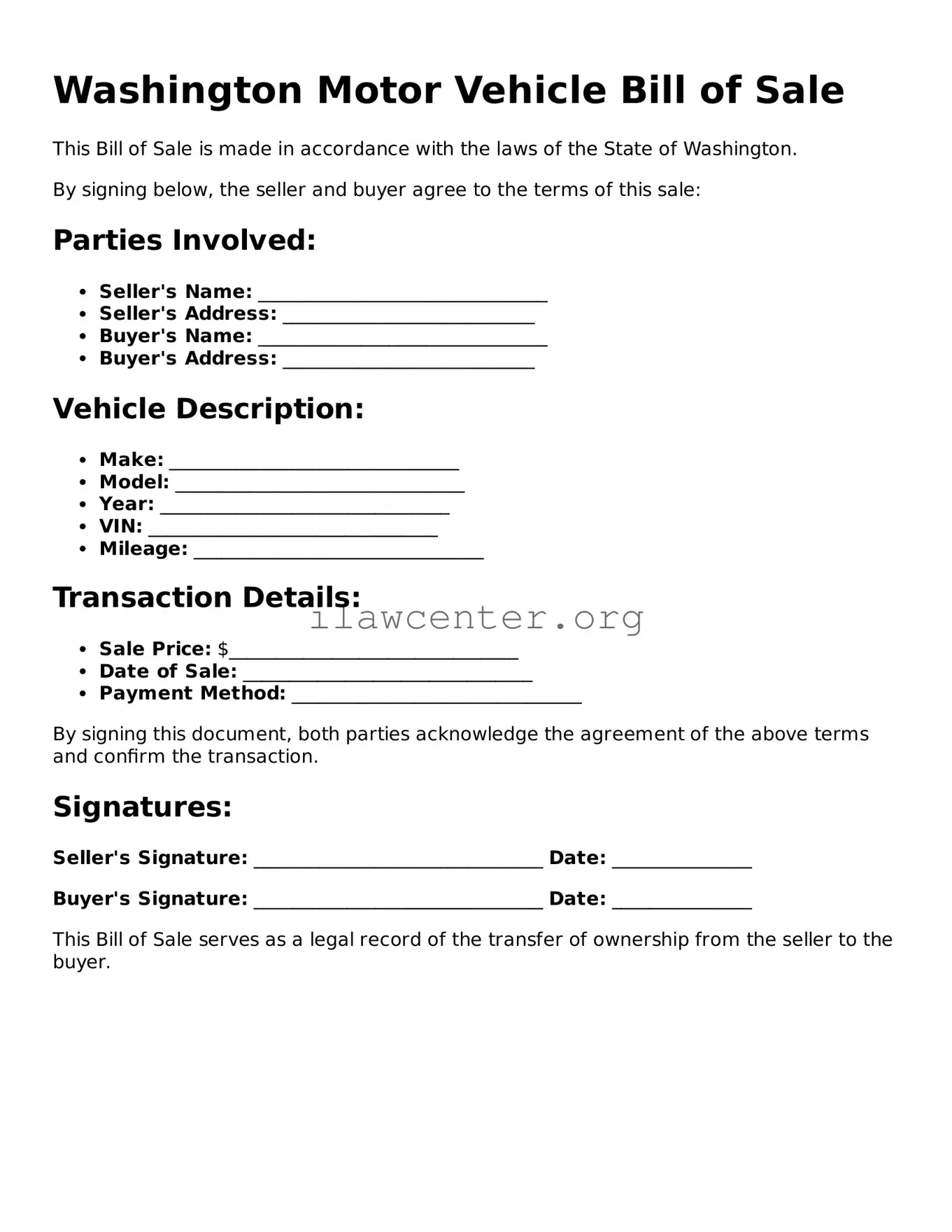 Attorney-Verified  Motor Vehicle Bill of Sale Document for Washington