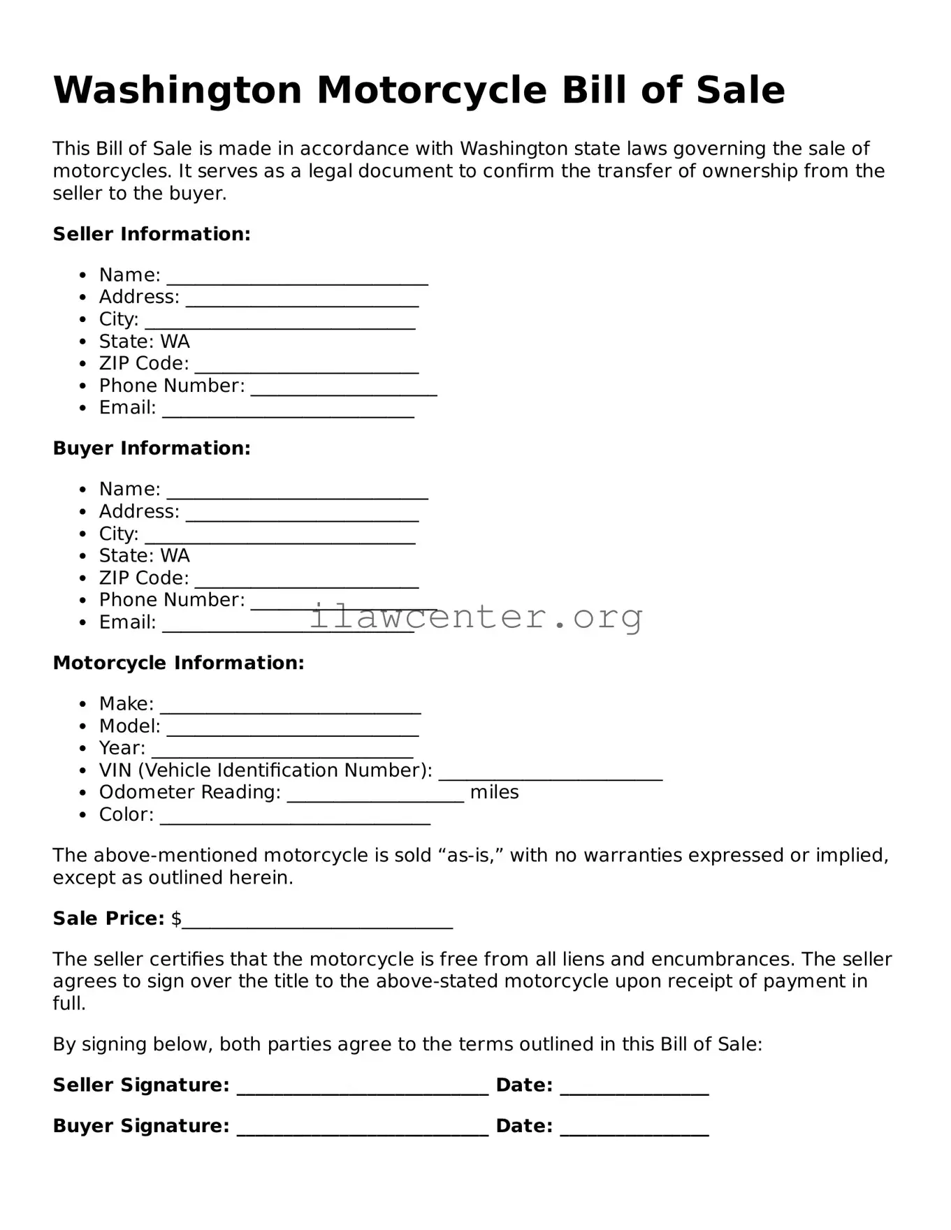 Attorney-Verified  Motorcycle Bill of Sale Document for Washington